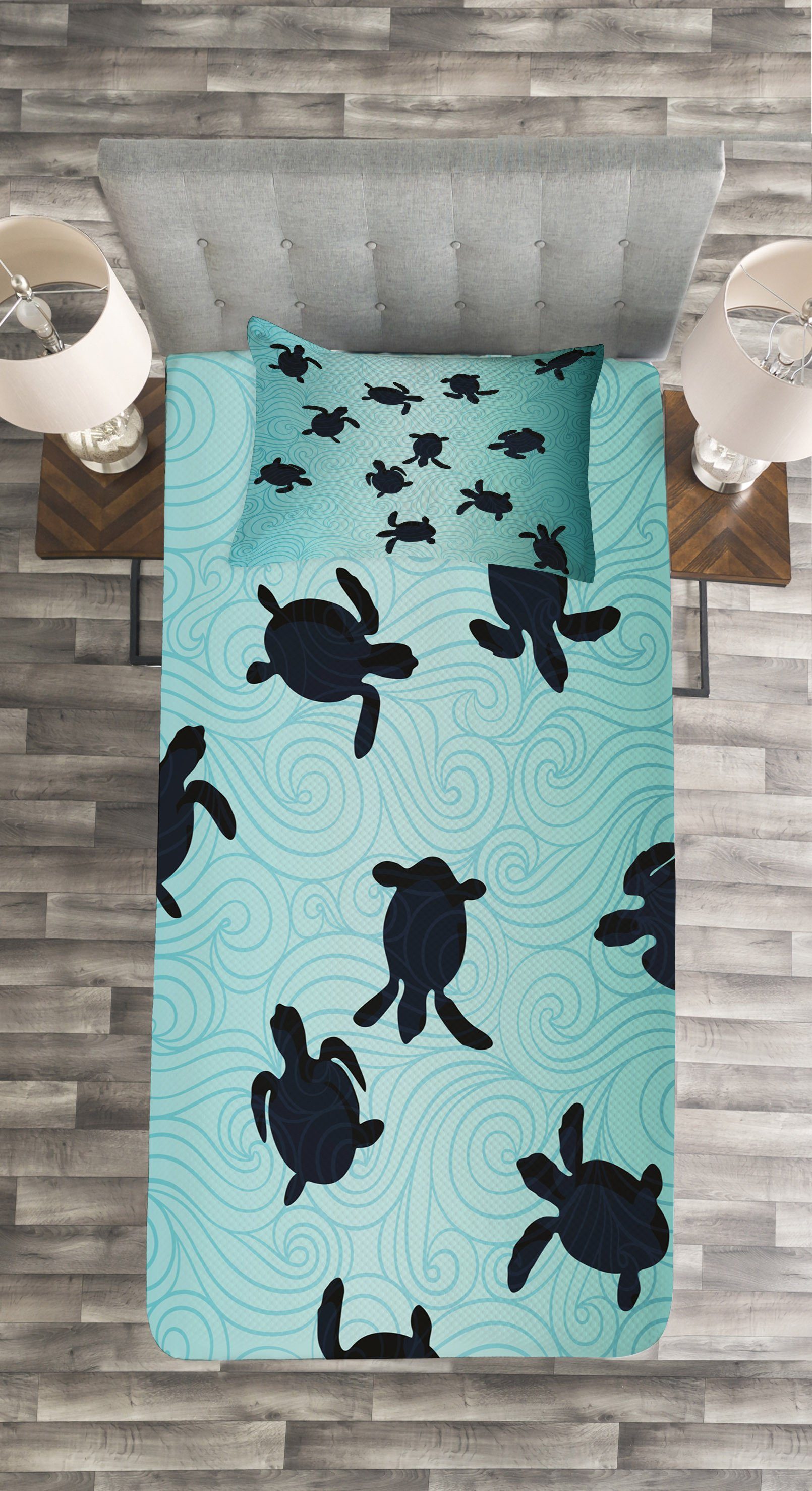 Abakuhaus, mit Tagesdecke Tief Kissenbezügen Set Schildkröte Sealife Waschbar, Baby-Schildkröten