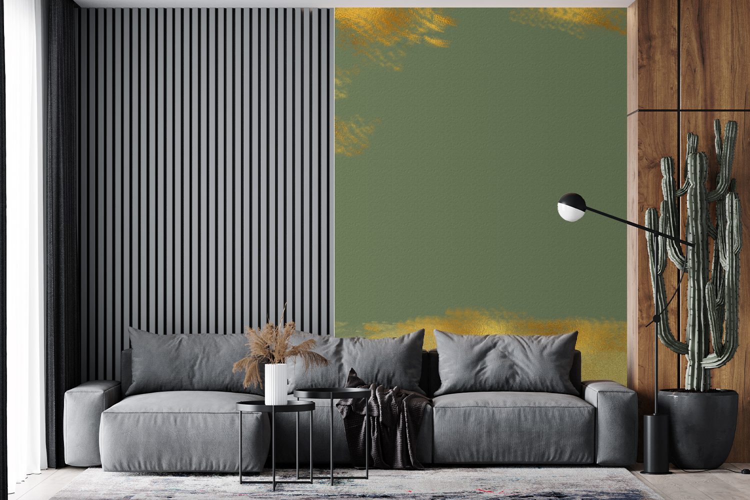 Farbe - Wandtapete Wohnzimmer, Grün (3 Muster Vinyl Tapete St), Montagefertig - für - bedruckt, Fototapete Gold, MuchoWow Matt,