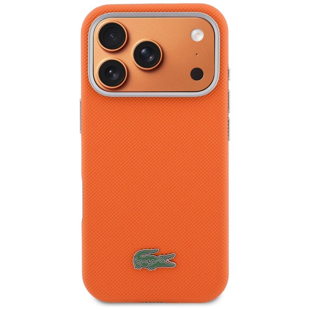 Lacoste Handyhülle iPhone 17 Pro Max Petit Pique orange schwarz Logo Metall Magsafe 6,9 Zoll, Kantenschutz