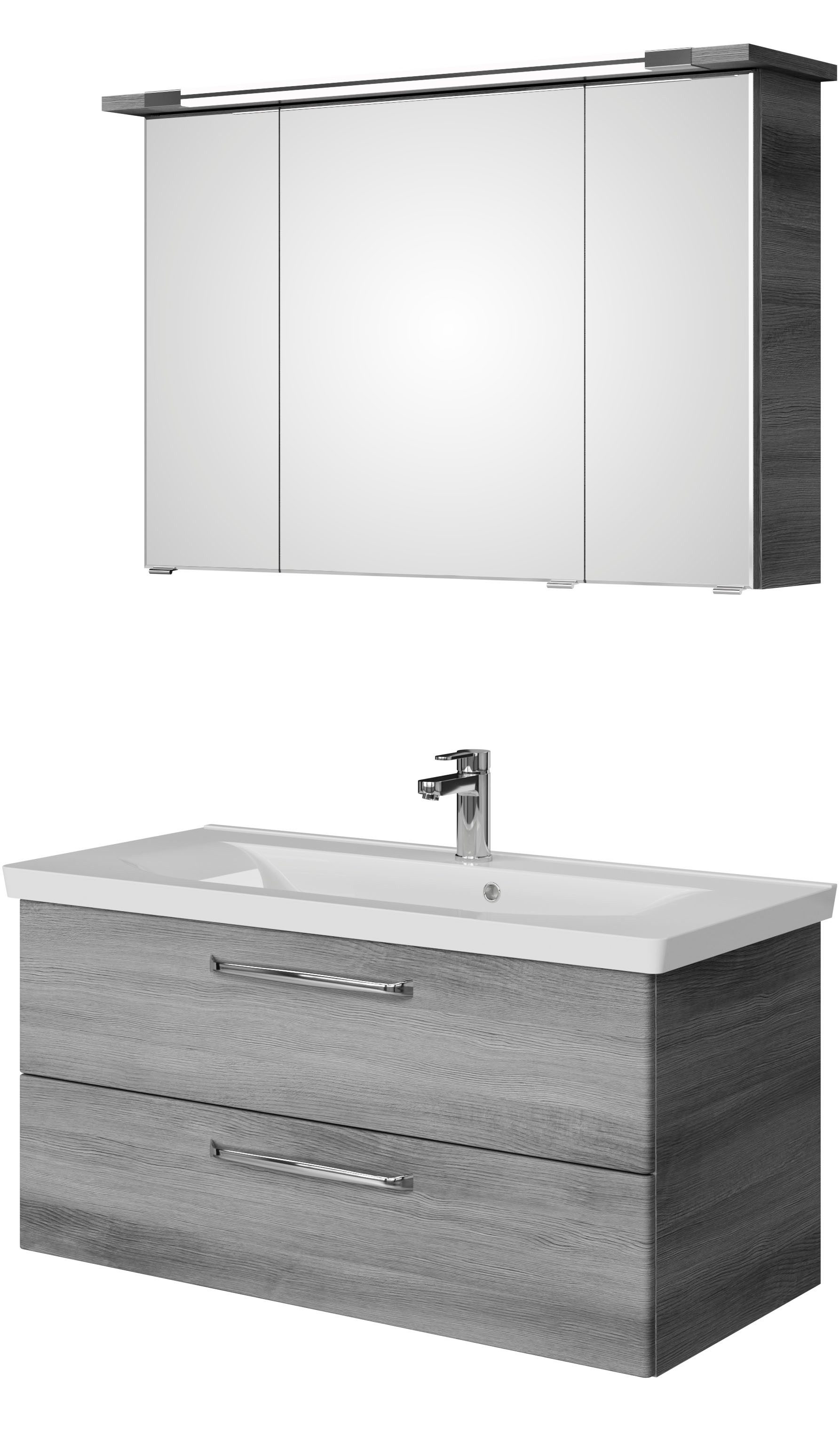 Saphir Badmöbel-Set Trentino 2-tlg Mineralmarmor-Waschtisch, Spiegelschrank mit LED-Profil, (3-St), Badmöbel-Set 110cm breit, inkl. Türdämpfer, 3 Türen, 2 Auszügen