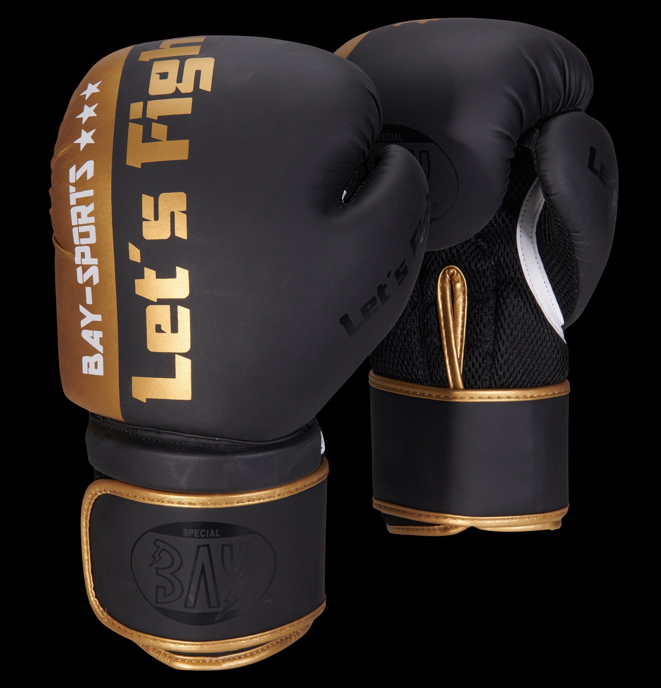 BAY-Sports Boxhandschuhe Let´s Fight Box-Handschuhe gold Mesh Boxen Kickboxen Thaiboxen 8, 10 (Paar), Edle Kombination von matt und glänzend, Kinder/Erwachsene