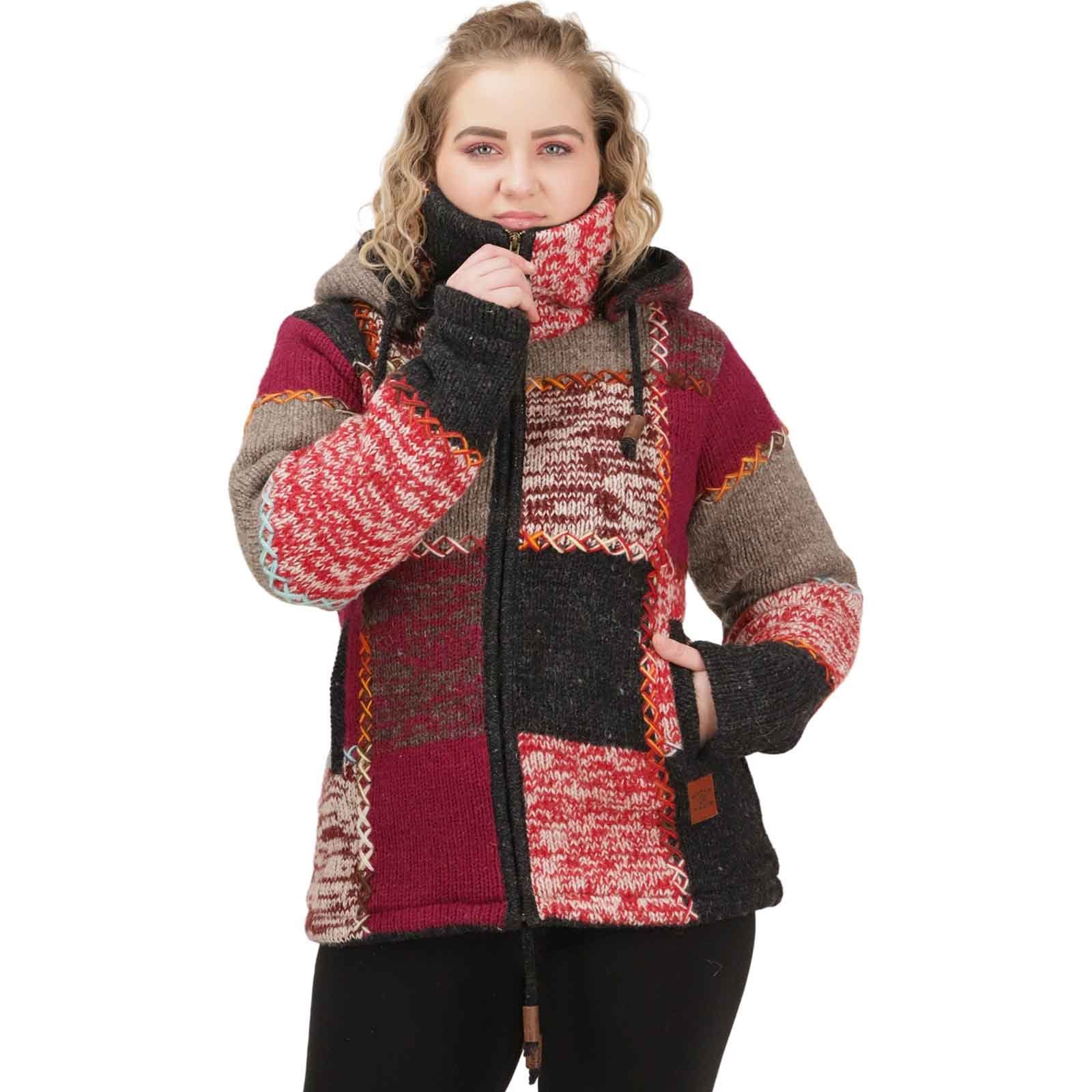 KUNST UND MAGIE Kapuzenstrickjacke Strickjacke Wolle Bunte Patchworkjacke Fleecefutter abnehmbarer Kapuze