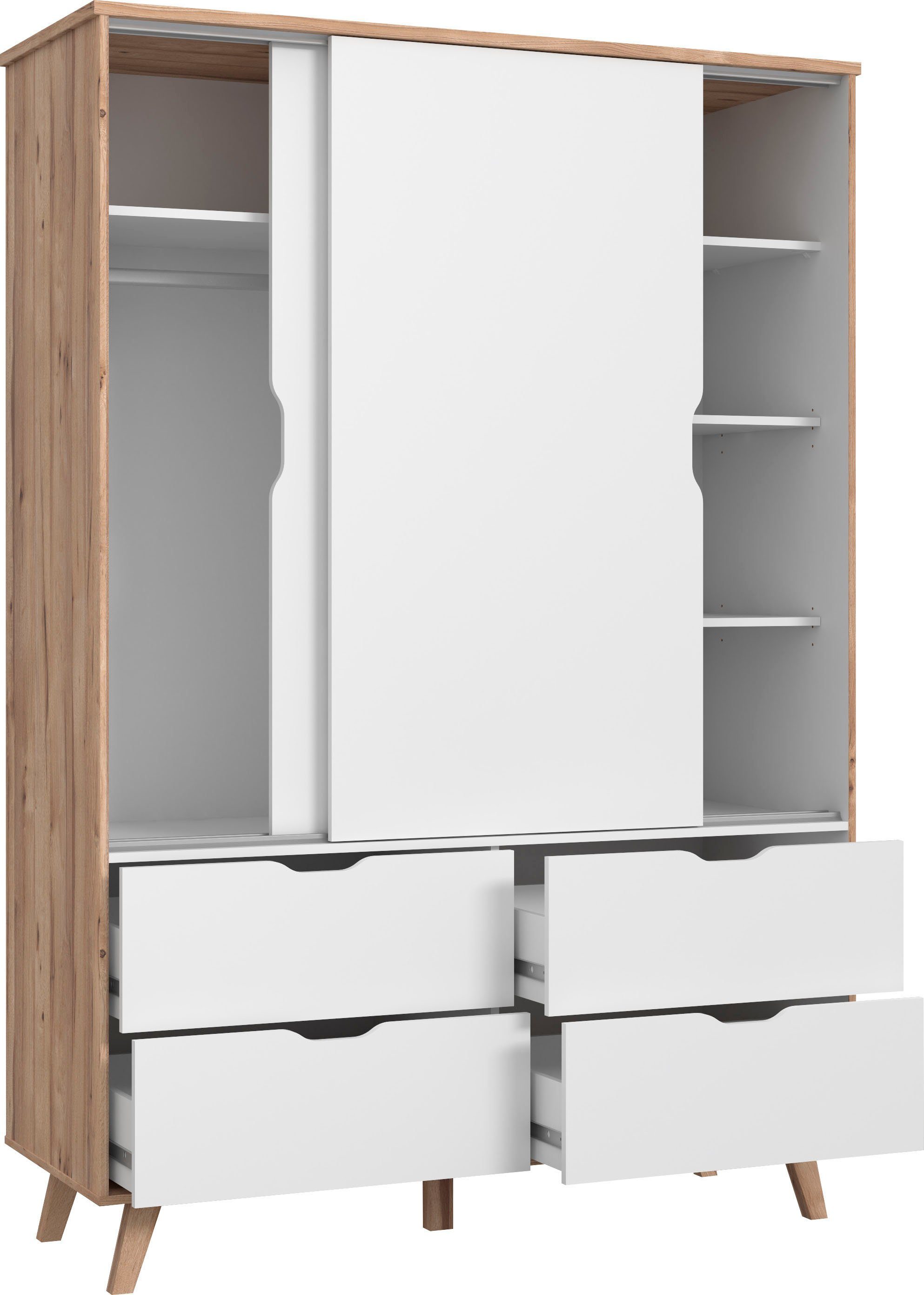 FORTE Schiebetürenschrank Vankka, Topseller! Viel Stauraum, scandinavischer Stil (B/H/T ca.140x200x50cm) Made in Europe,mit Einlegeböden+Kleiderstange+Schubladen,grifflos