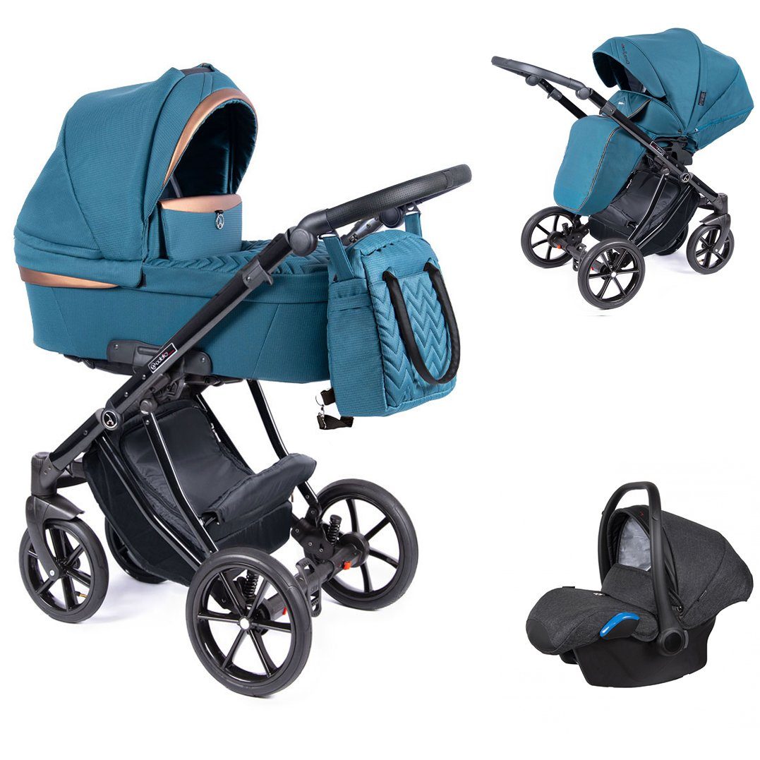 babies-on-wheels Kombi-Kinderwagen 3 in 1 Kinderwagen-Set Dante - 13 Teile - in 16 Farben Türkis = Gestell schwarz