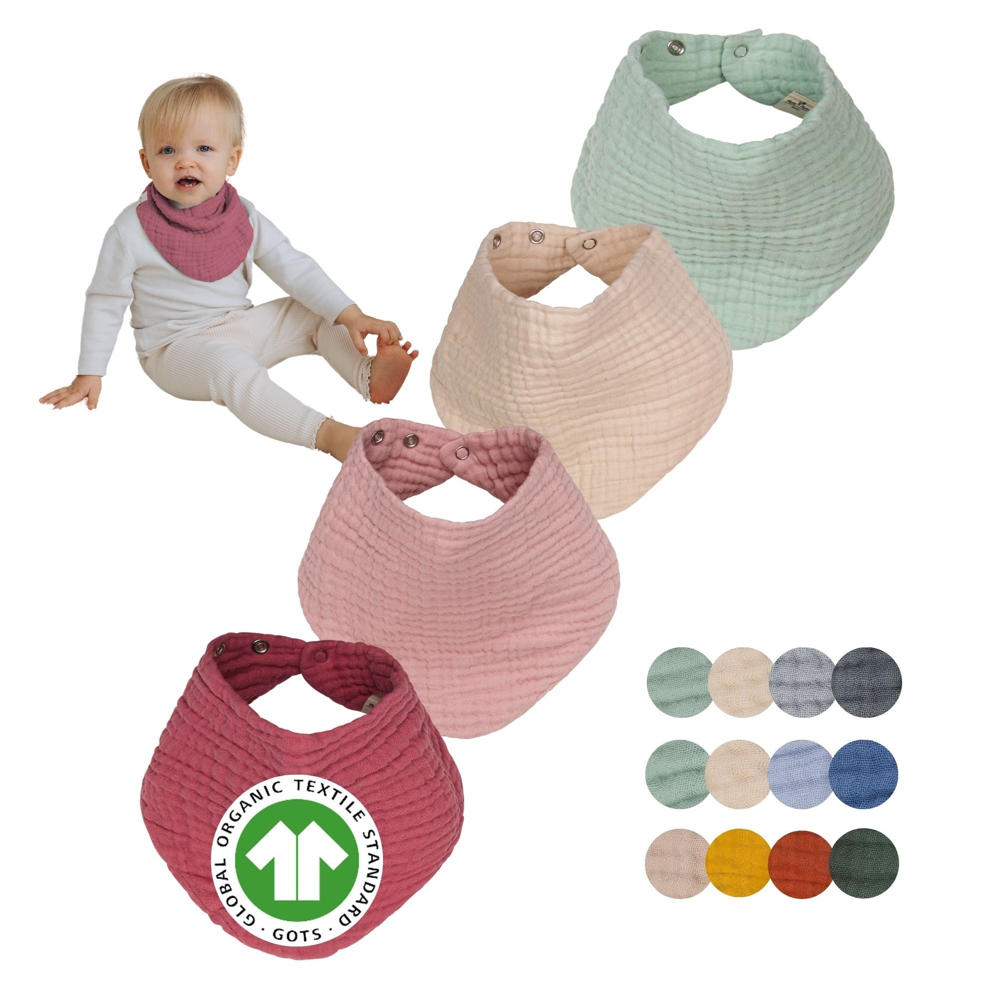 furora BABY Dreieckstuch Halstuch Baby (Set 4 Stück): weiche Bio-Musselin Baumwolle, Lätzchen, Sehr weich, Druckknöpfe für 3 Größen