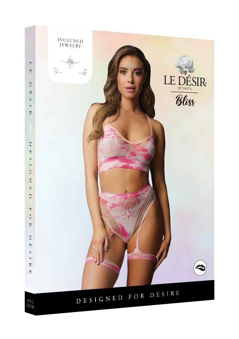 und mit 2er Gesichts-Stickern) Bustier Set One mit (3-tlg., Highwaist-Strapsslip Strapsslip Set: Desir Le Bustier Size pink Batik