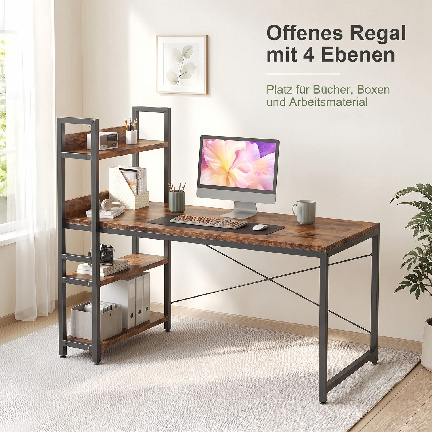 Refined Living Computertisch Schreibtisch Gaming tisch Computertisch Bürotisch 50x80/100cm 120/140 (Schreibtisch mit Seitlichem Regal & Verstellbaren Füßen, Officetisch, PC-Schreibtisch mit Stauraum & Bücherregal, Eckschreibtisch mit Regal), PC Laptop Tisch für Büro Arbeitszimmer Wohnzimmer Homeoffice braun