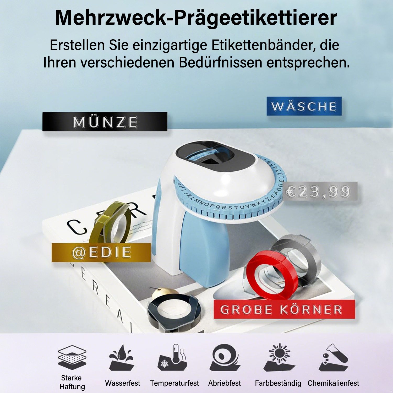 MOPUEA Tragbarer Etikettendrucker, 6-Rollen-Material, 3D-Druck, Handheld Etikettendrucker, (3D-Etiketten, wasserfest, einfach zu bedienen, „drehen und klicken)