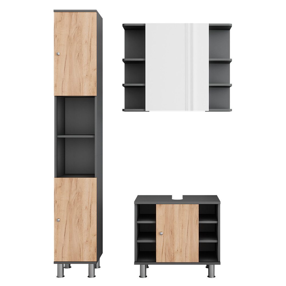 Vicco Badmöbel-Set Fynn, Anthrazit/Goldkraft Eiche, 3 Teile mit Hochschrank, (3-St., 3er Set)