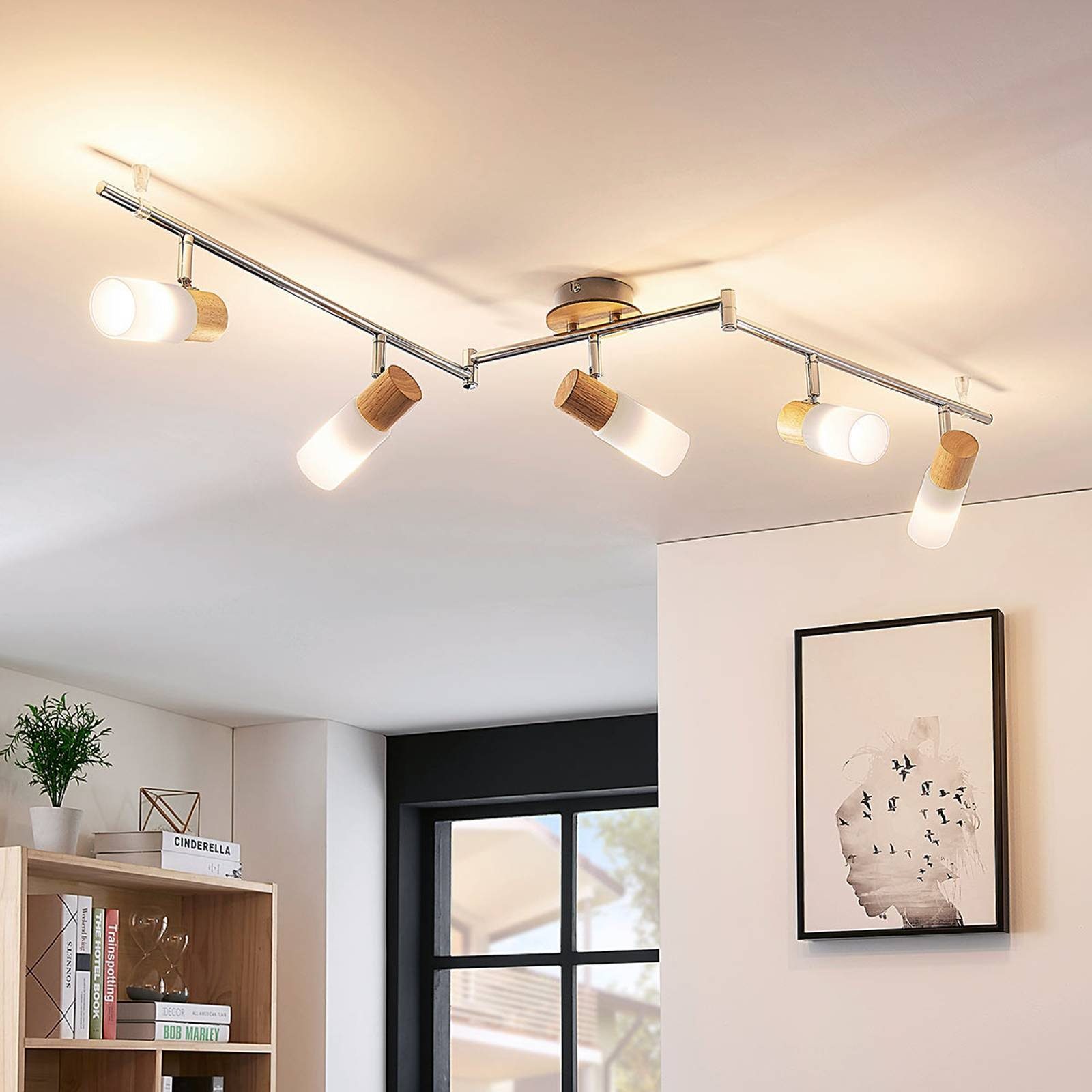 Lindby Deckenstrahler Christoph, Holz Chrom IP20, 5 x 4,5 W LED