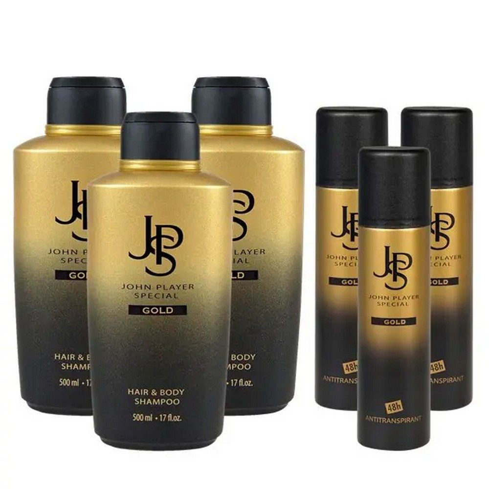 John Player Special Haarshampoo GOLD Hair & Body Shampoo 500 ml + Deo Spray 150 ml