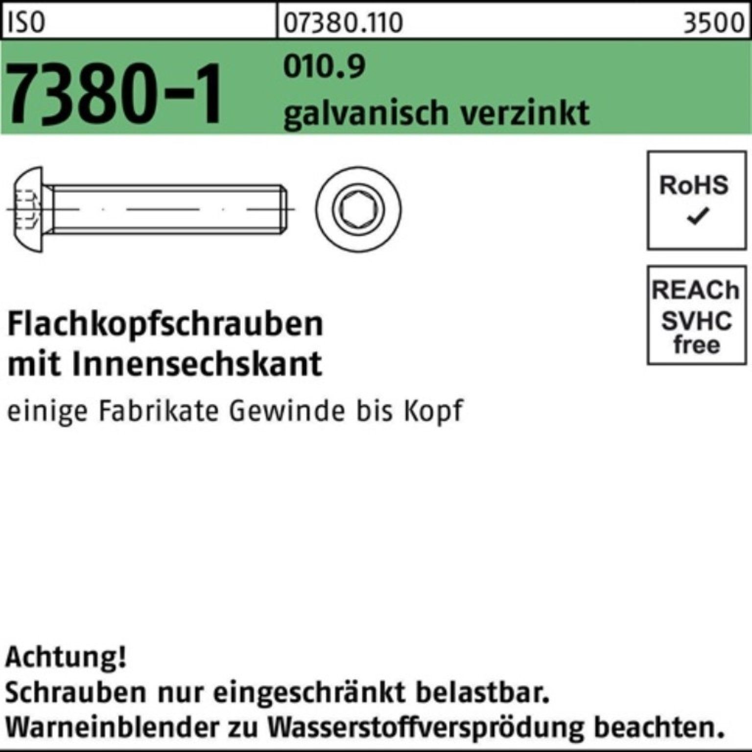 Reyher Schraube 100er M10x50 Innen-6kt Flachkopfschraube 010.9 galv.ve 7380-1 Pack ISO
