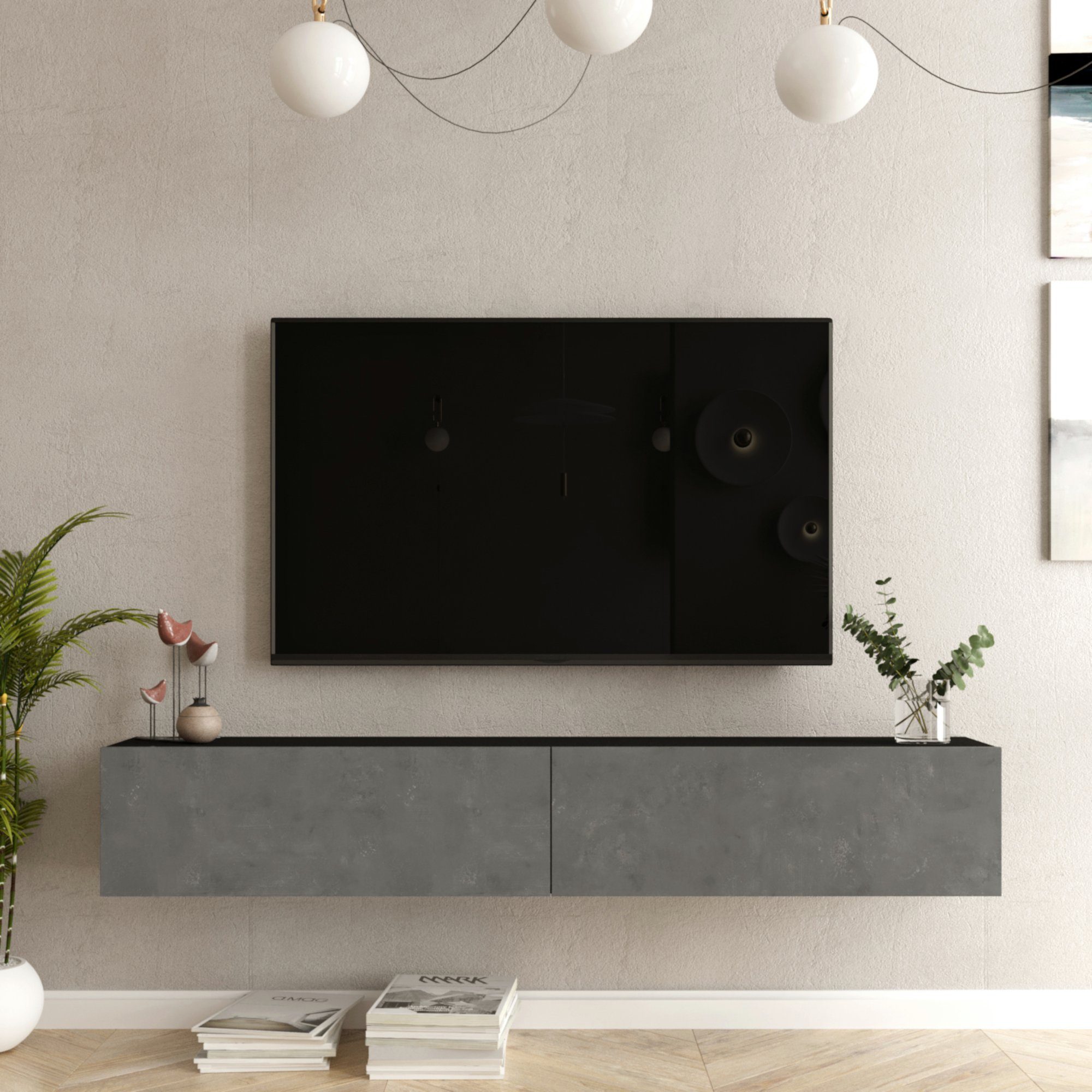 en.casa TV-Schrank »Lapinlahti« 180x31,5x29,5cm Schwarz/Betonoptik günstig online kaufen