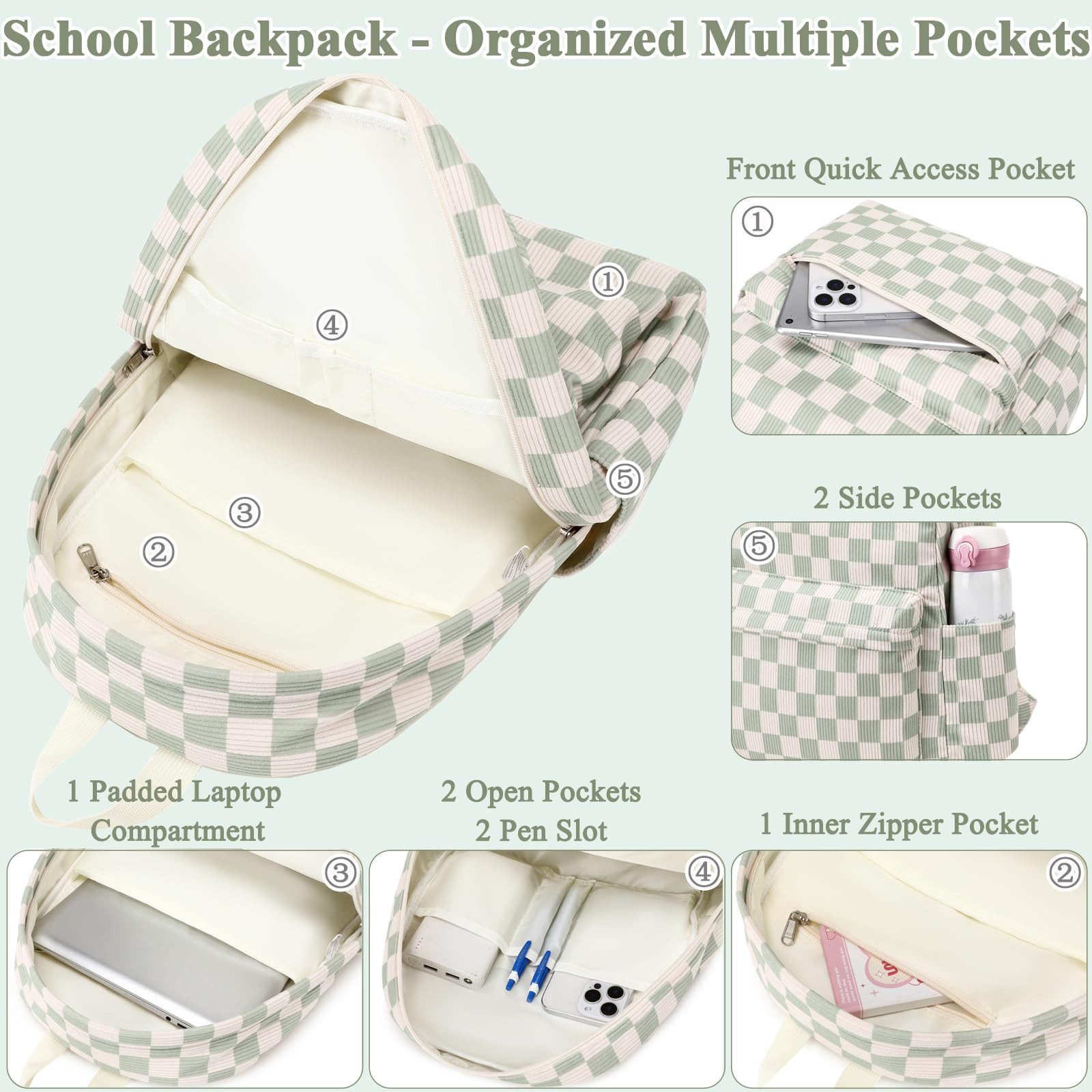 MOPUEA Schulrucksack Schulrucksack Set 3 tlg Wasserabweisend mit Lunch-Tasche &Federmappe (Rucksack Set für Schule, Schulrucksack mit Lunch Tasche und Federmäppchen), Karomuster, Laptopfach, wasserabweisend, gepolstert, leicht und robust