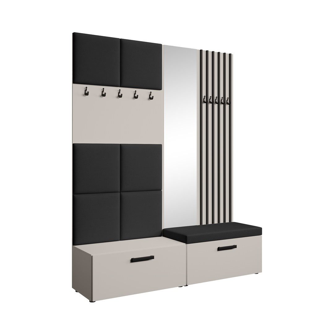 Beautysofa Garderobenschrank mit gepolsterten Paneelen und dekorativen Lamellen MARGARET I+II (Elegante Kleiderbügel) Zwei abschließbare Schuhschränke