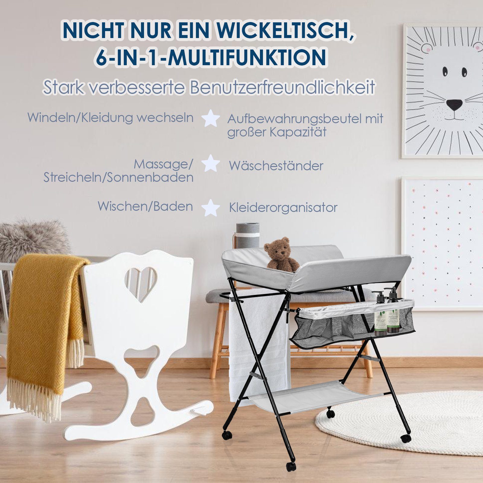 Wickelkommode Klappbar 80x66x98cm - Mobiler Wickeltisch Mit Sicherheitsgurt