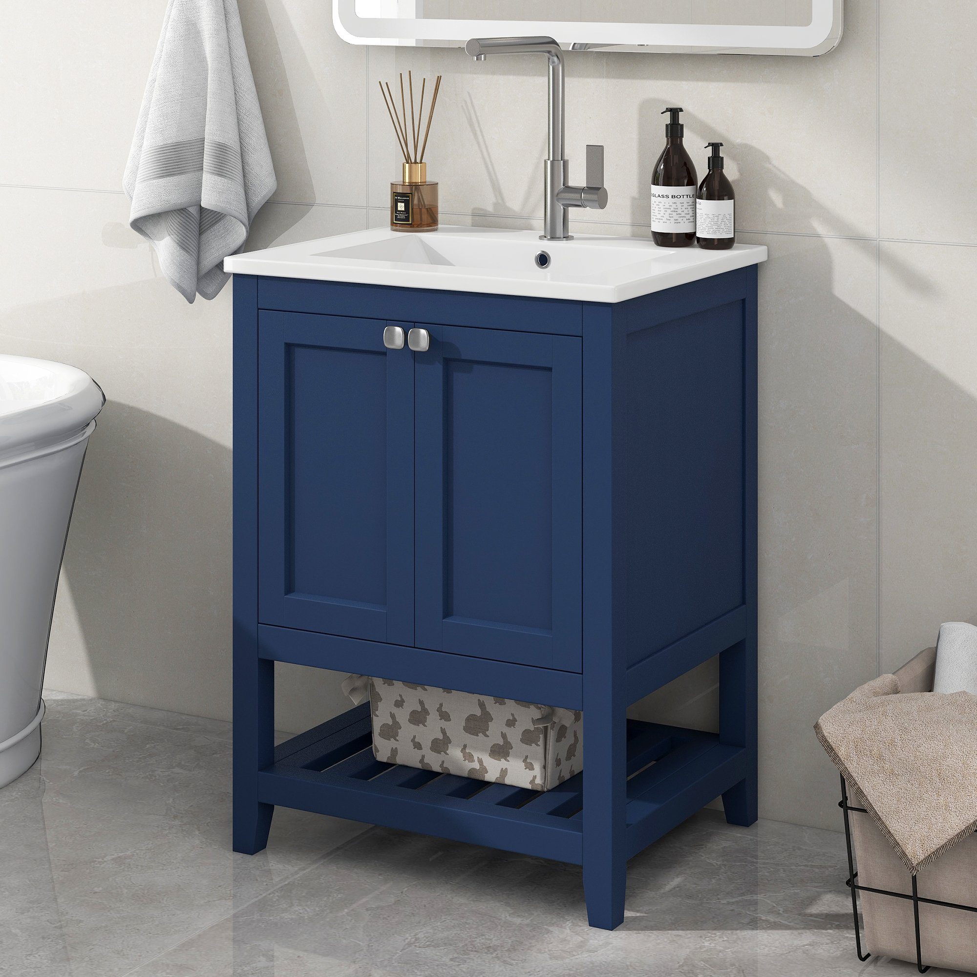 HAUSS SPLOE Waschtisch Einzel Waschtisch mit Unterschrank 60cm mit Keramik-Waschbecken,Blau