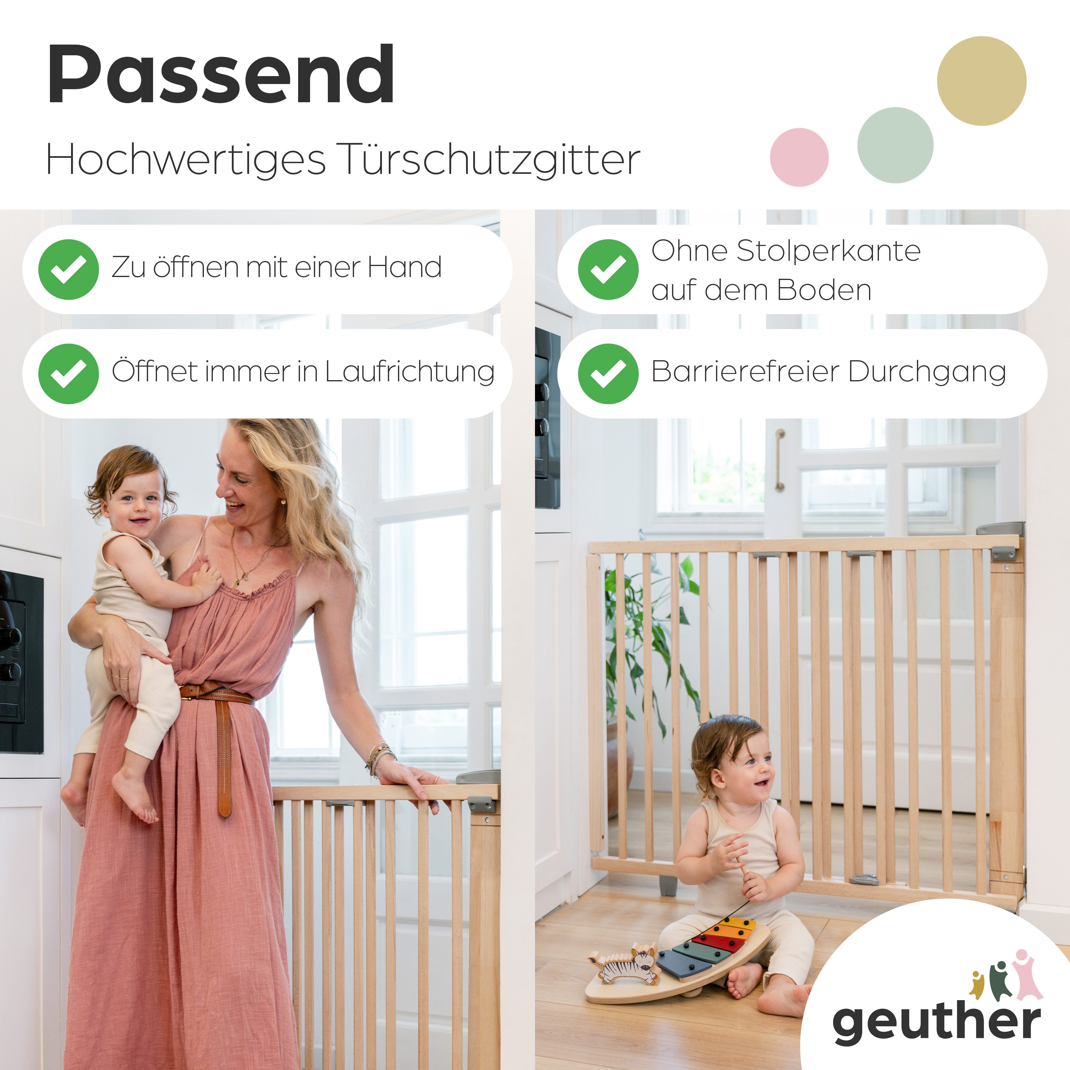 Geuther Türschutzgitter Oris zum Bohren 58-133 cm Natur, Barrierefreier Durchgang - für Erwachsene leicht zu öffnen