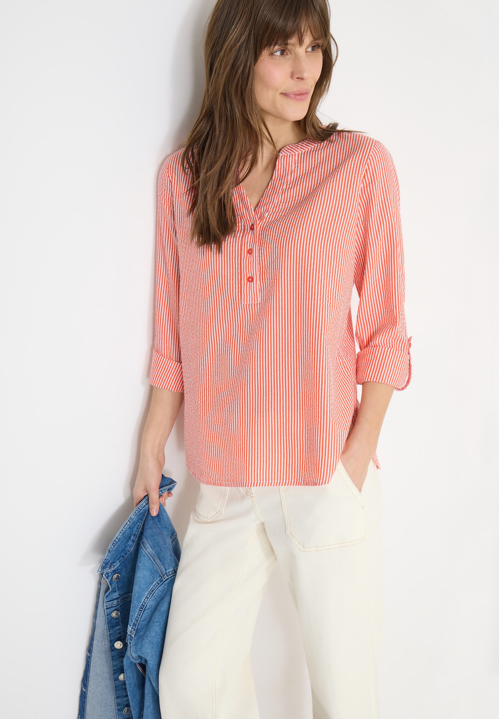 CECIL Langarmbluse im Streifen-Look und mit kurzer Knopfleiste, Seersucker