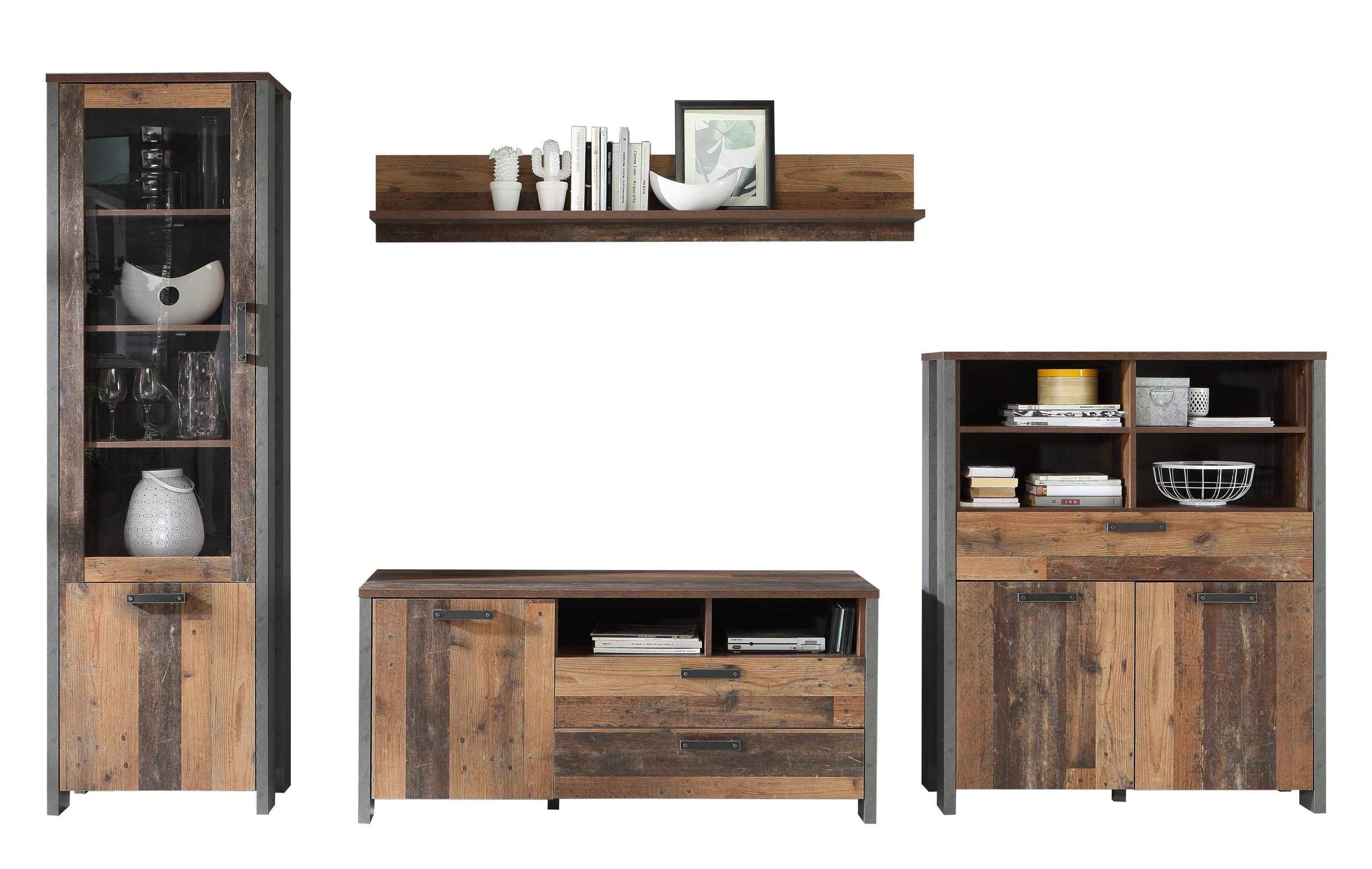 FORTE Wohnwand Wohnkombination Wohnzimmer Set CLIF, 4-tlg. - Optik: Old Wood Vintage, (Komplett-Set, 4-St., Vitrine, TV-Board, Highboard, Wandregal)