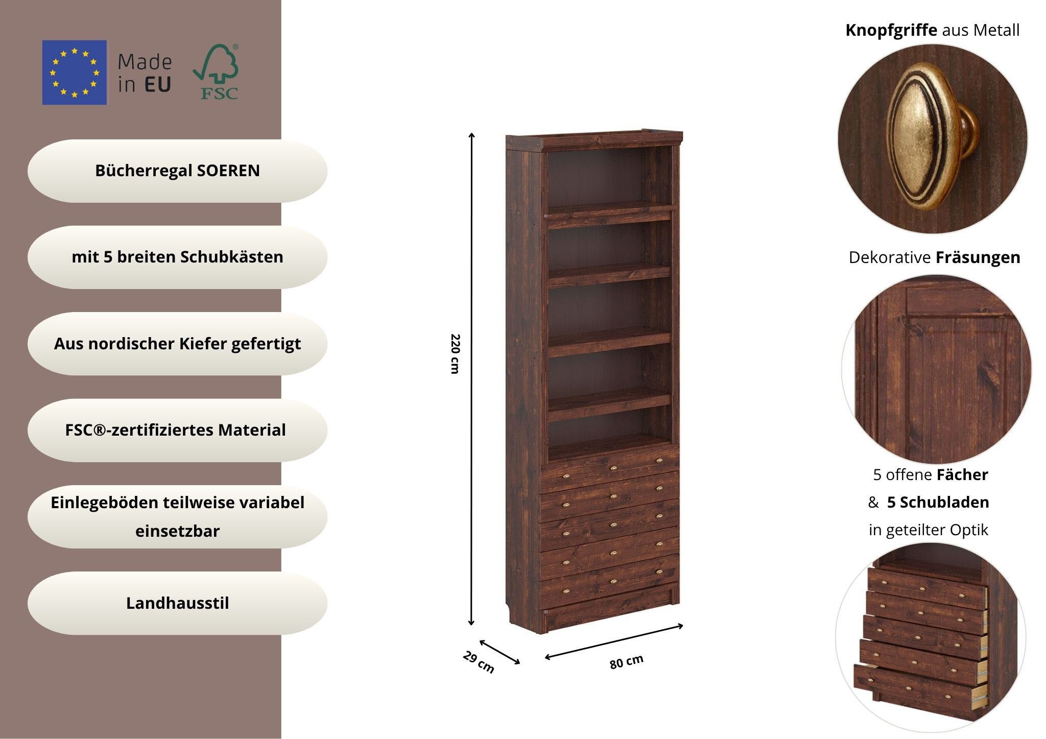Home affaire Bücherregal Soeren Regal mit 5 breiten Schubkästen in geteilter Optik, T/H: 80/29/220 cm, Kiefer FSC®-zertifiziert, elegante Metallgriffe