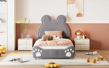BlingBin Kinderbett Polsterbett (90 x 200 cm, grau), Bärenform, Hautfreundlicher Samtstoff, mit einer Seitentasche am Bett