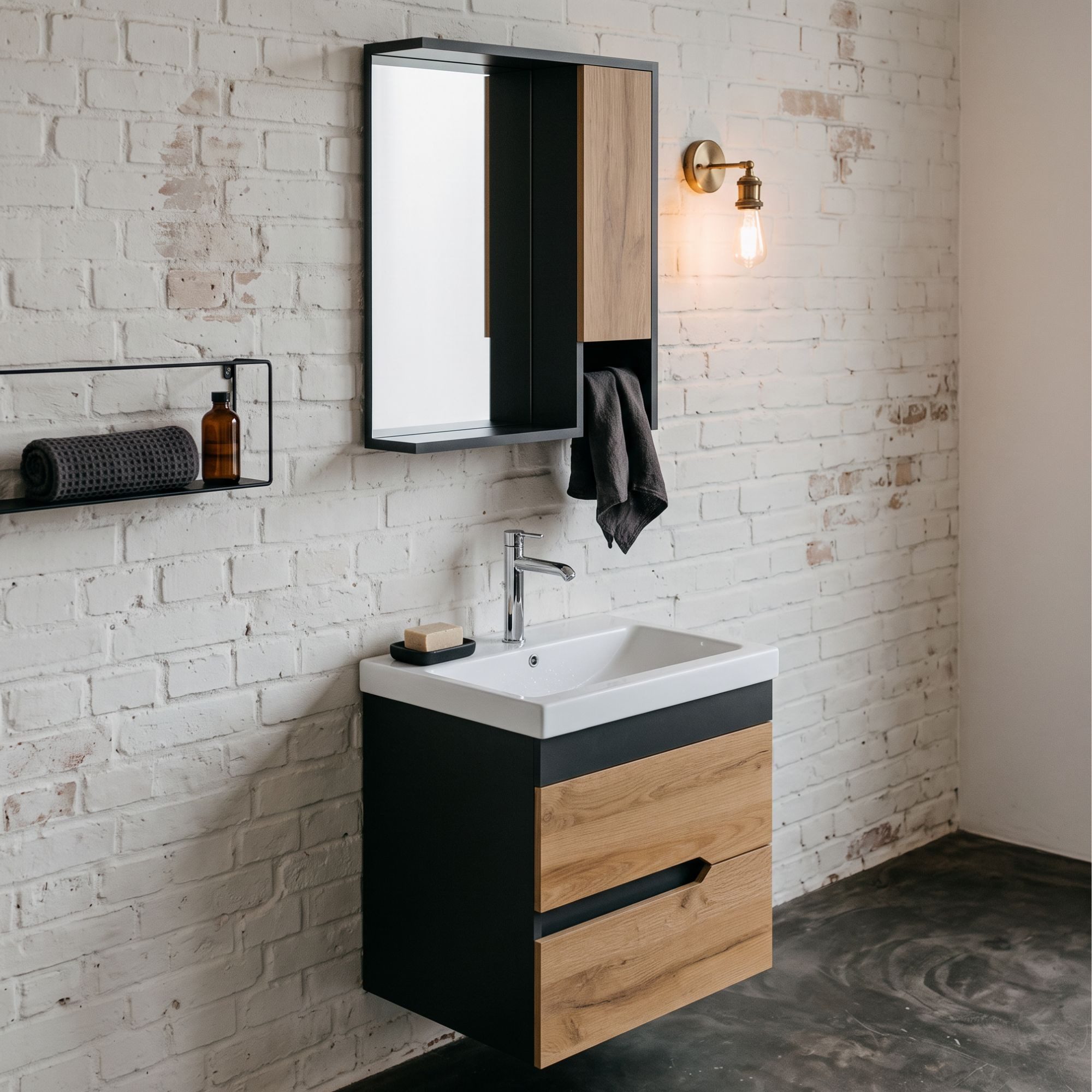 Karen Badmöbel-Set Badmöbel Set Marmara, (3-St., Unterschrank mit Schubladen, Spiegel mit Regalen, Keramikwaschbecken), Innovatives Design, MDF Lam, Softclose, Funktionalität
