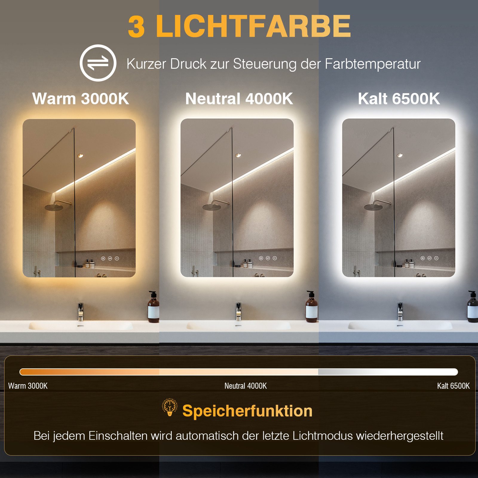 PESENXAN Badspiegel mit Beleuchtung, LED Badezimmerspiegel mit 3 Lichtfarben, Dimmbar (1-St), Speicherfunktion, Touch-Schalter, IP44 Wasserdicht, 50x70cm – Bild 5 von 5