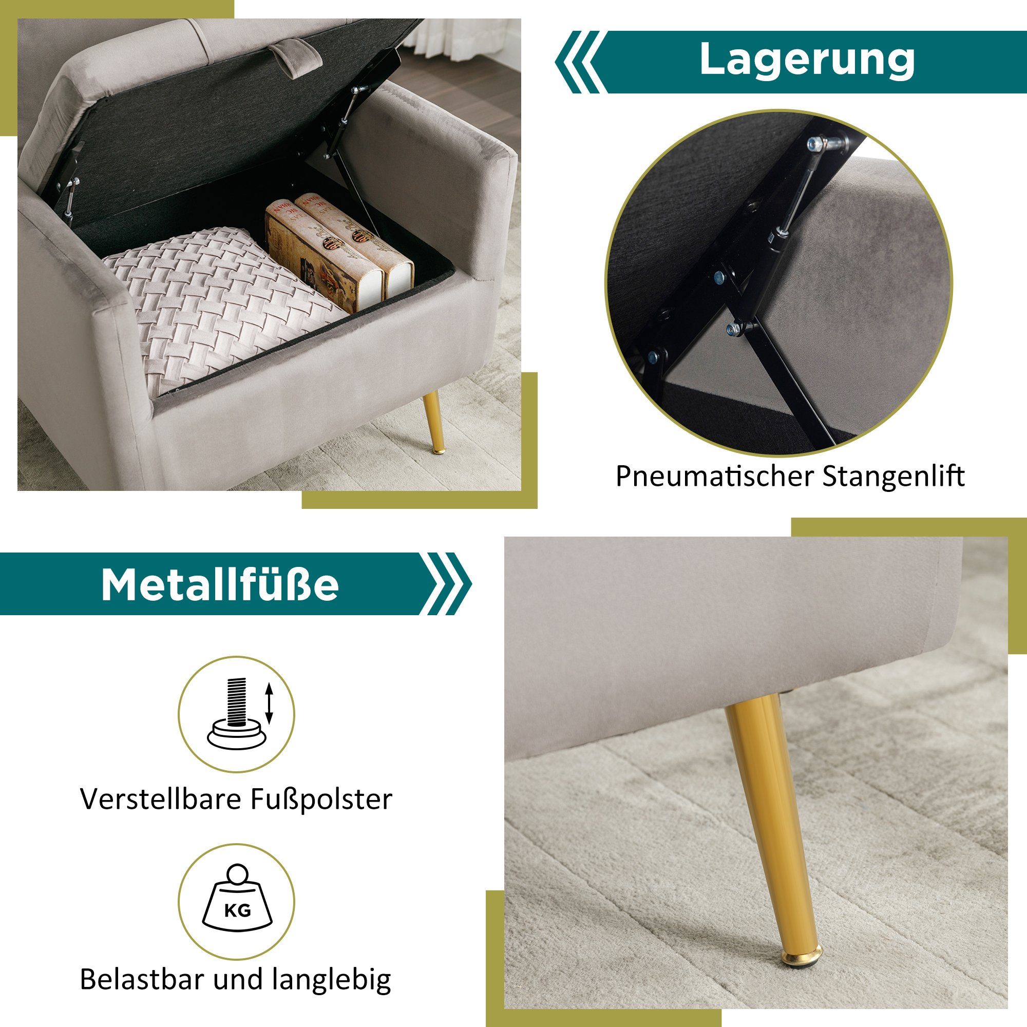 Grau Samtstuhl, 71*71*76cm | Ulife Sessel , mit Kissen, Metallbeinen, (4-St), Grau mit Stauraum, mit roségoldenen Modern Einzelsessel