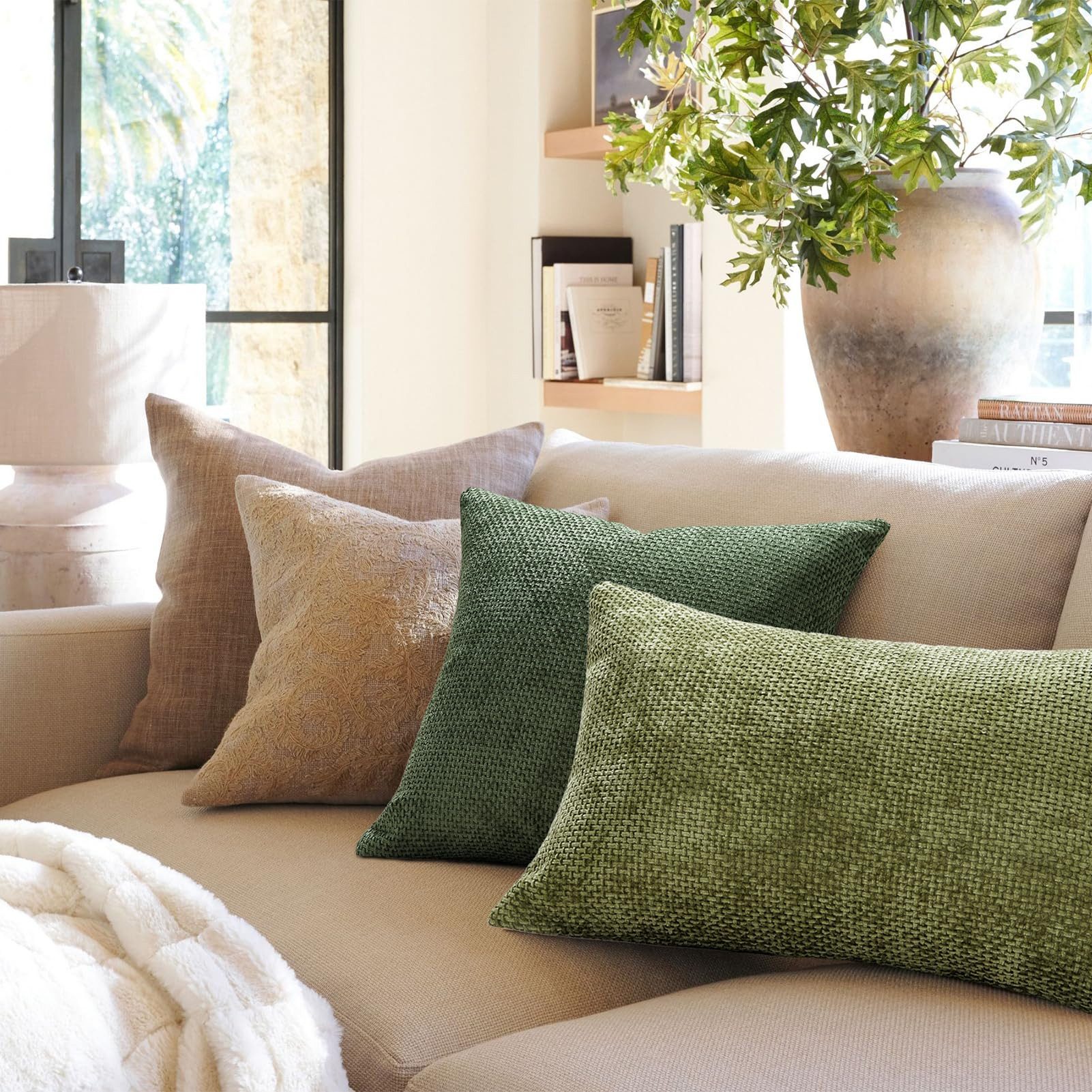 Topfinel Kissenbezug 40x40 samt kissenbezüge 50x50 Weich Sofa Deko Rattanstreifen, kissenbezug 4er set grün Farbverlauf Wohnzimmer Kinder Hautfreundlich