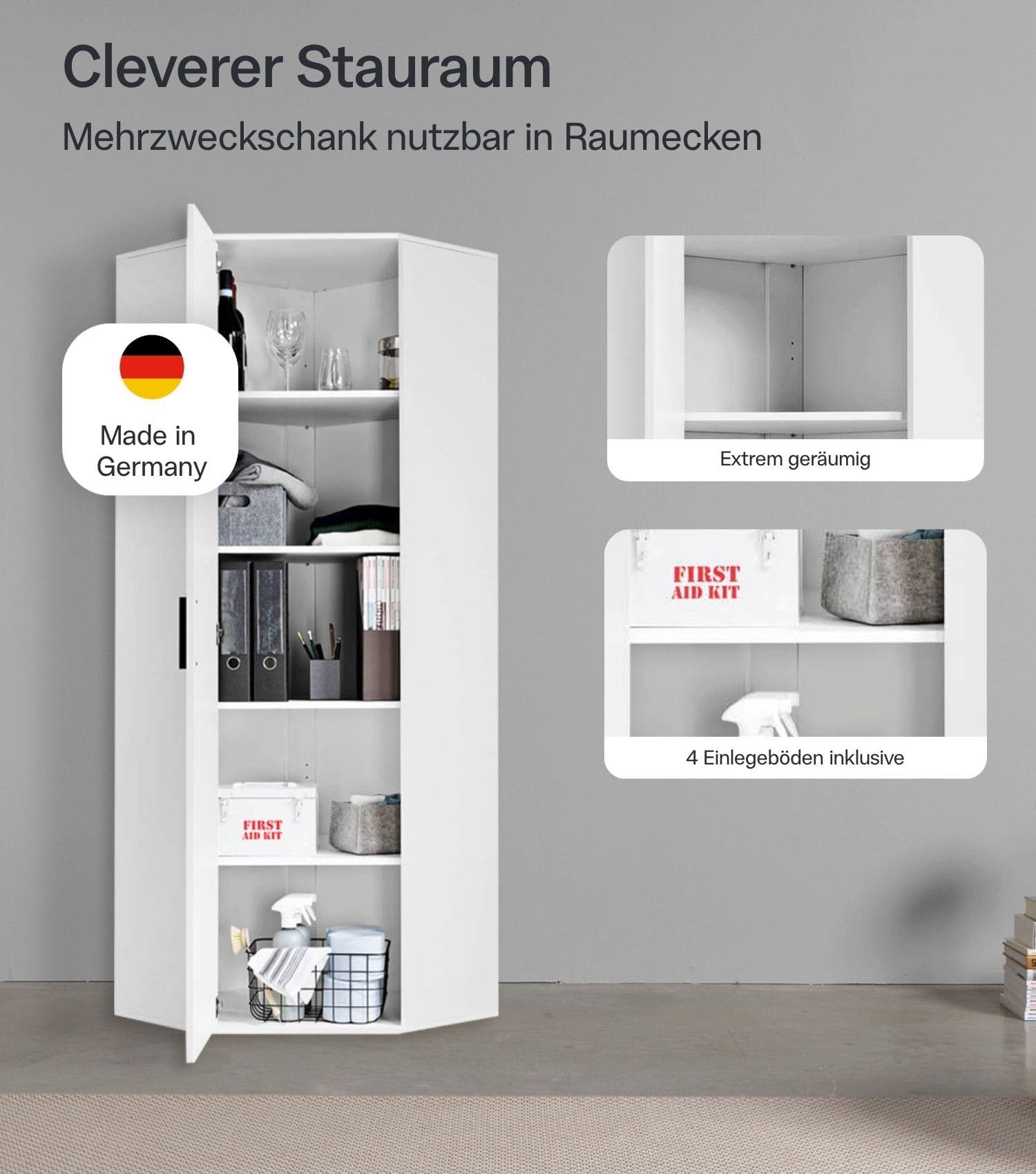 mokebo Mehrzweckschrank Der Lange Eckschrank (64x180 cm, mit 4 Einlegeböden) Made in Germany, Eckschrank, Aktenschrank, Flurschrank in Weiß