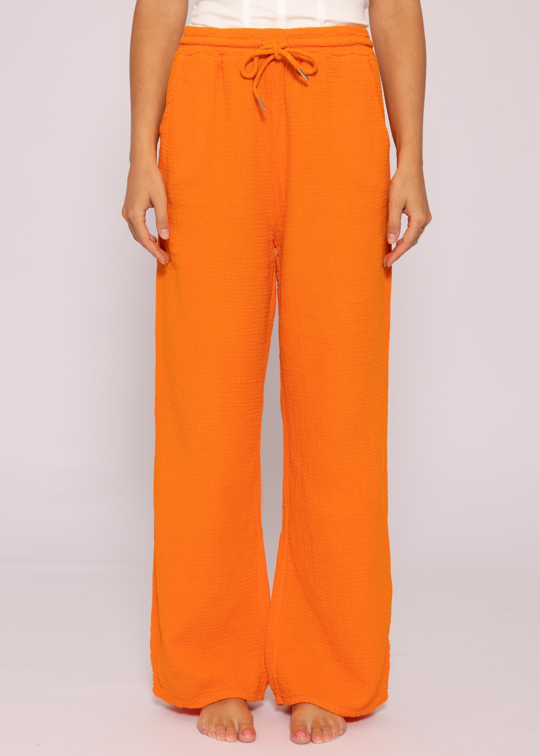 SASSYCLASSY Stoffhose (Musselin), Sommer Musselin Baumwolle 100 Hose Damen Lang Orange atmungsaktiv, leicht sehr 