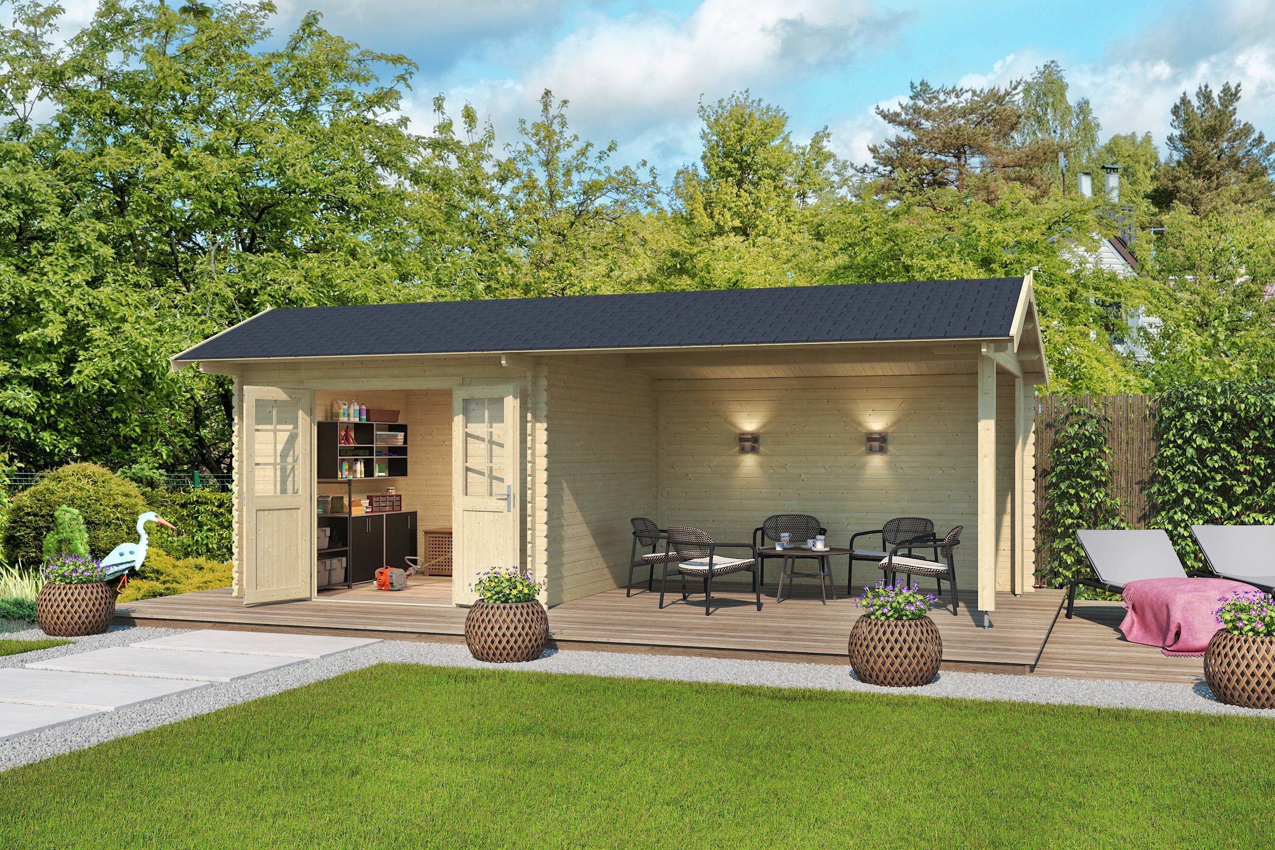 LASITA MAJA Gartenhaus New York, BxT: 700x389 cm, (Set), Blockbohlenhaus 34mm, mit Anbau