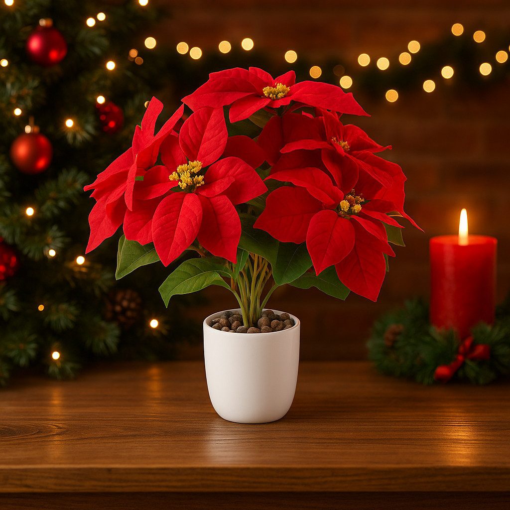 Winterliche Kunstpflanze Weihnachtsstern künstlich, Künstlicher Weihnachtsstern in Keramiktopf Weihnachtsblumen, PASCH, Hochglanz-Keramik