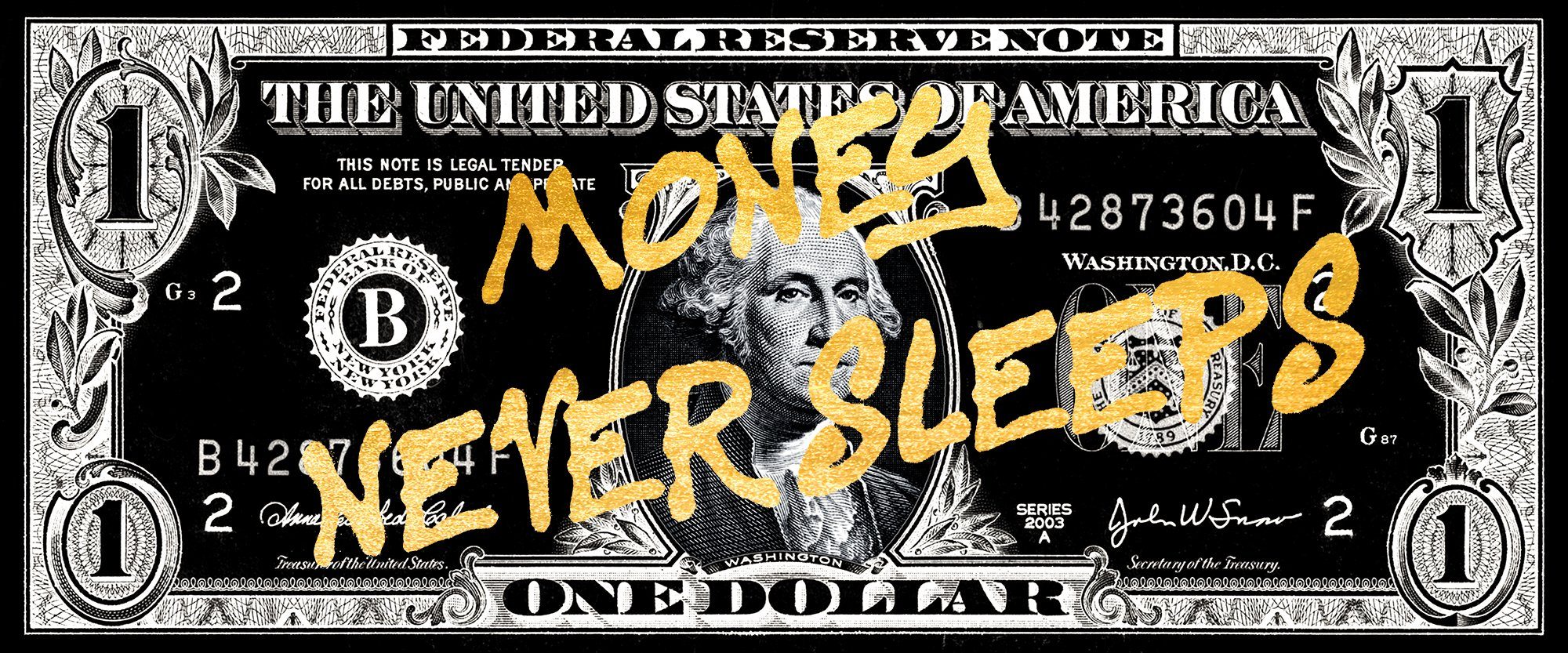 queence Acrylglasbild Money never sleeps - Geldschein - Acrylbilder mit Blattgold veredelt, Geldschein/Spruch (1 St), Goldveredelung, Handgearbeitet, Gerahmt, Edel