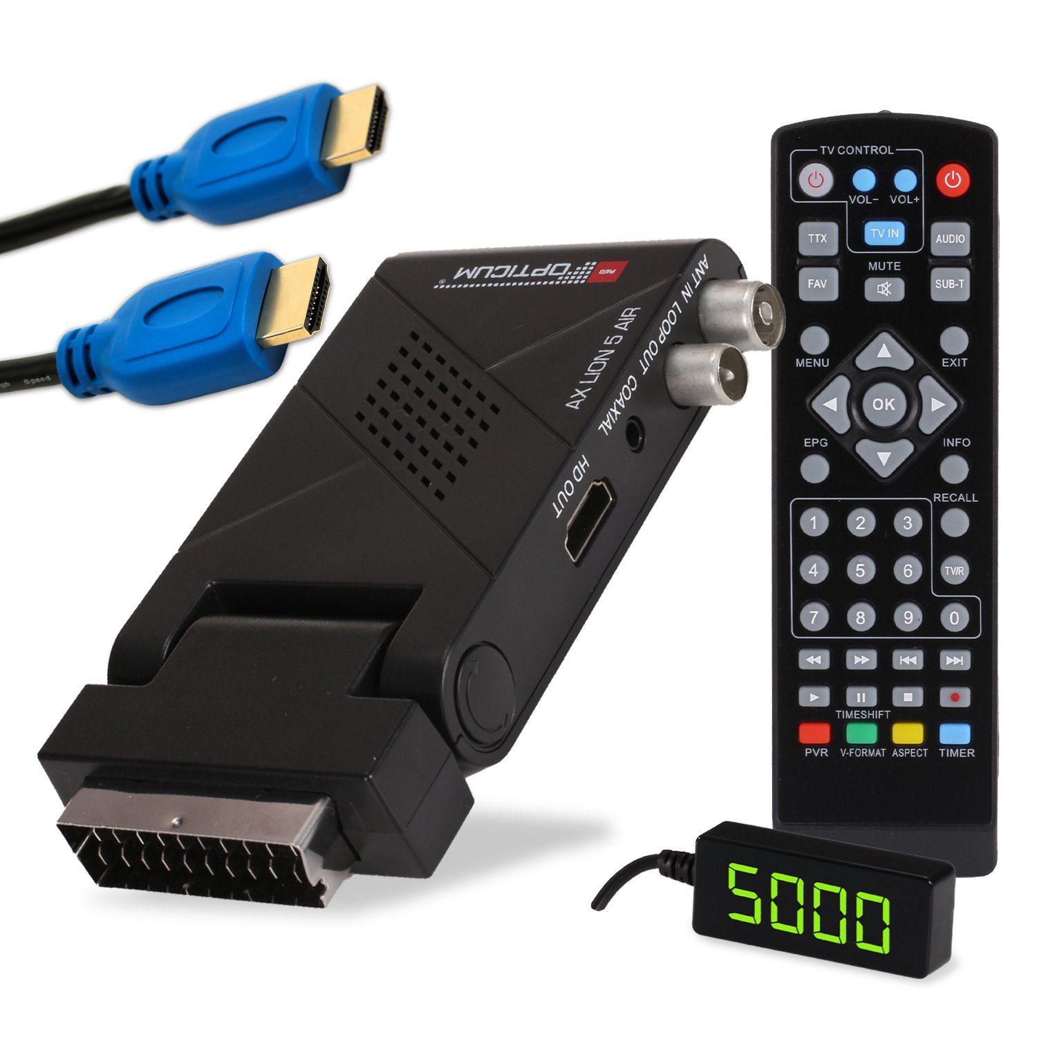 Netzteil) 5 HD Display, externer HDMI AIR LED IR DVB-T2 OPTICUM Kabel mit Receiver DVB-T2 mit Receiver 12V Sensor AX RED Lion (Aufnahmefunktion,