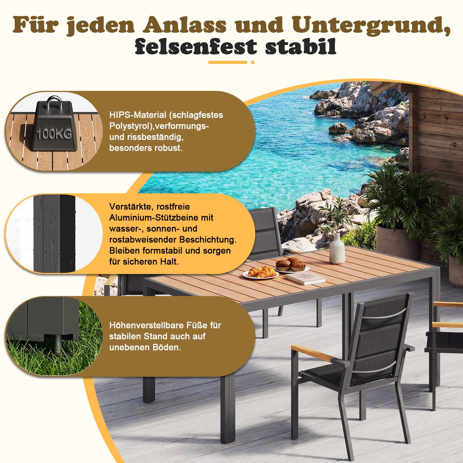 HOMALL Gartentisch Holzoptik Esszimmertisch 100kg Belastbarkeit, für 4-10 Personen (150/180cm Garten-Esstisch wetterfest Aluminiumrahmen Verstellbare Füße, für  – Bild 5 von 5