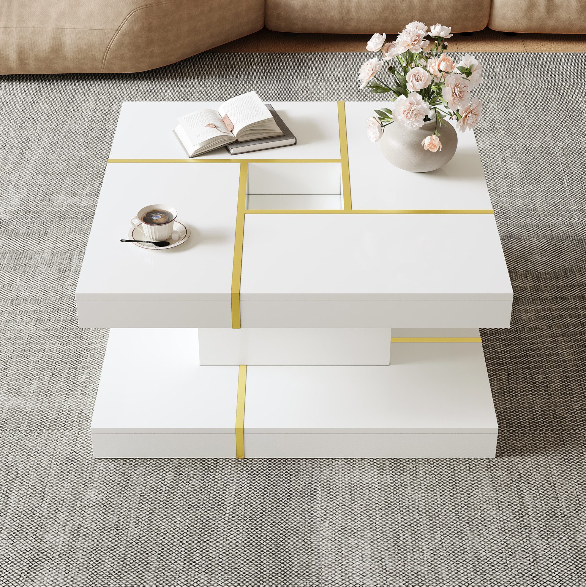 MODFU Couchtisch Kompakter Tisch – 80×80×38 cm mit 2 Ebenen & Stauraum (Packung, 1-St., Weiß, für Wohnzimmer & Flur), goldene Akzente, Spanplatte, vielseitig
