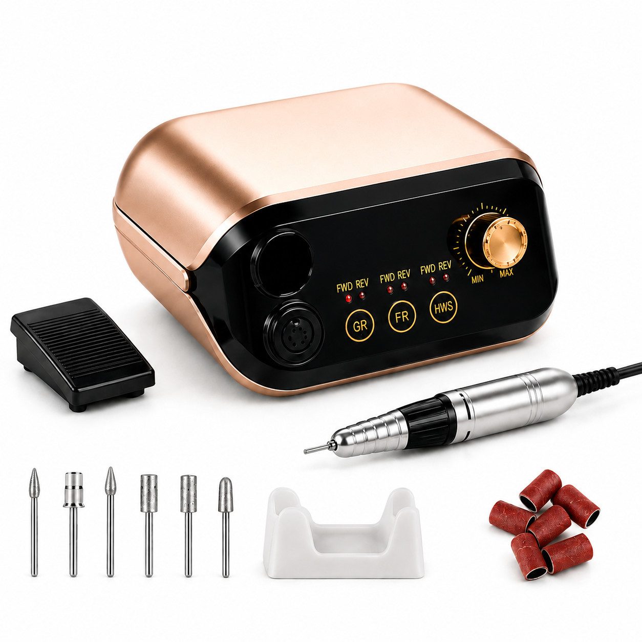 Fyrove Maniküre-Pediküre-Set Nagelfräser 35.000 U/min 65 W elektrische Nagelfeile mit Fußpedal, Nagelfräser-Set mit Fußpedal, 6 Fräseraufsätzen und 6 Schleifbändern, Rechts-/Linkslauf, 6 Bits für Gel-, Acryl- & Kunstnägel