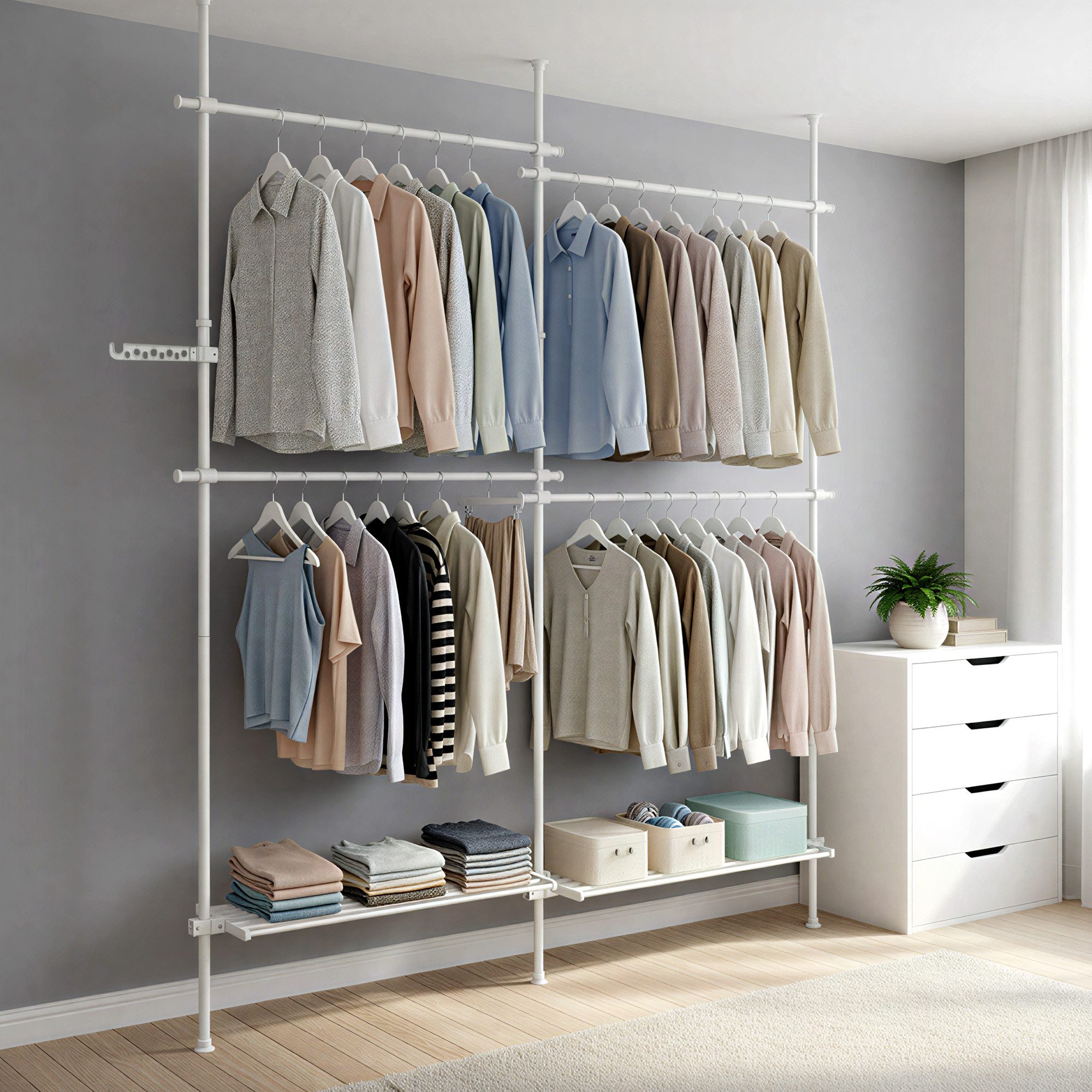 SONGMICS Kleiderständer deckenhoch, 3-stufige Garderobe, höhen und breitenverstellbar, offener, (mit abnehmbarer Ablage), Garderobenleiste, Greifarm, bis 92,5 kg belastbar, 238 x 208 x 33.5 cm