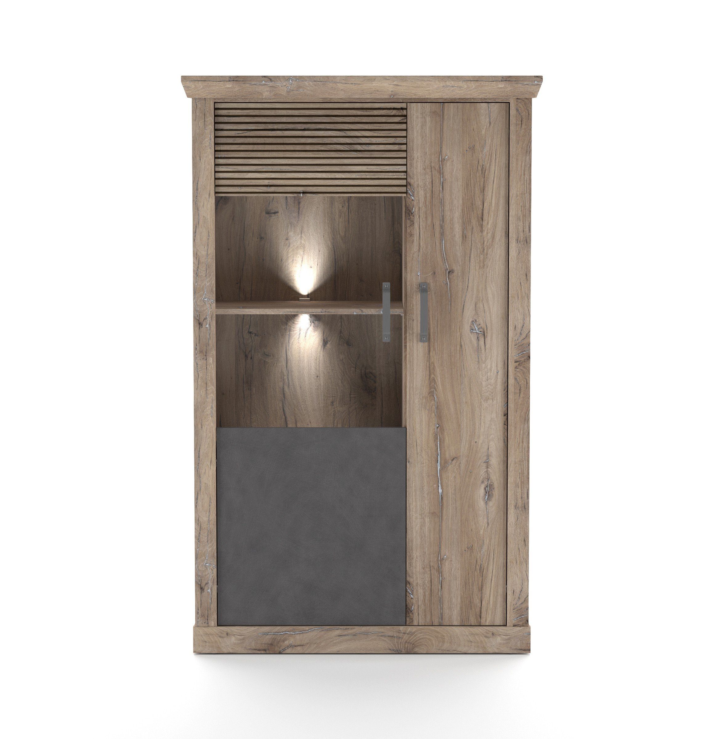 freiraum Vitrine PORTUM 042 Kleinevitrine (BxHxT: 106,3x173,7x40 cm) in Dekor Lamellen Flagstaff Eiche-Anthrazit mit 2 Türen und 8 Fächern
