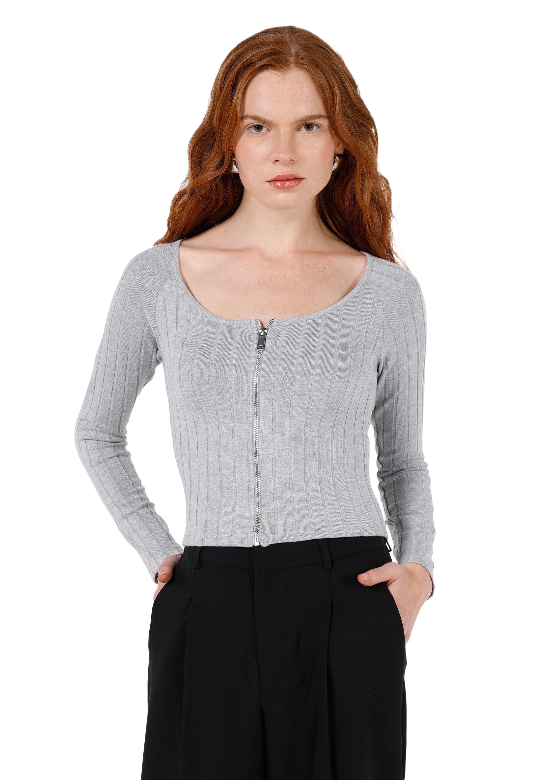 Colins T-Shirt Colins Slim Fit Damen-Langarm-T-Shirt in Grau-Melange – Die Adresse fü