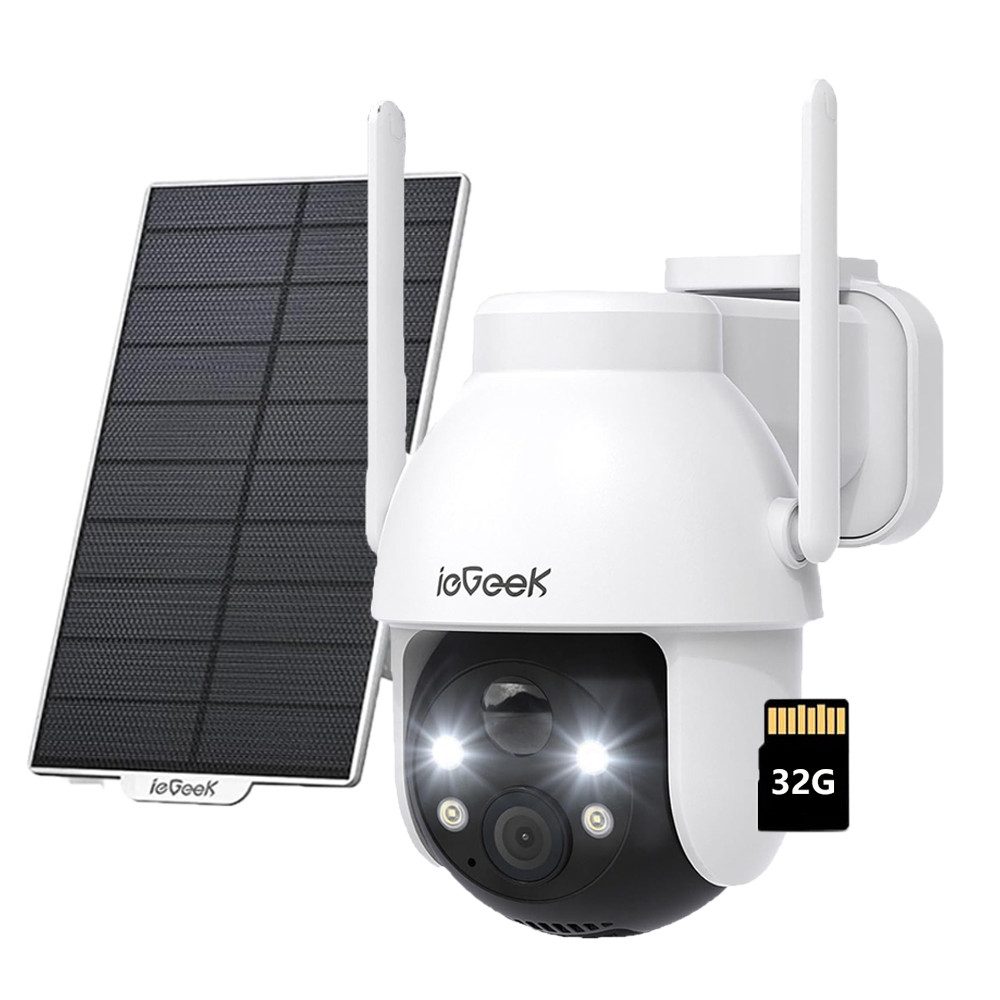 ieGeek Überwachungskamera Überwachungskamera Aussen Akku - 2K Kamera Überwachung Aussen Solar (Aussen, Außenbereich, Outdoor, mit 32GB Karte,360° WLAN Kamera Outdoor Kabellose Aussenkamera, 1-tlg., mit Farbige Nachtsicht und PIR Bewegungsmelder, 4-fachen Digitalzoom,3 Alarmmodi,4 Bildschirme gleichzeitig anzeigen)