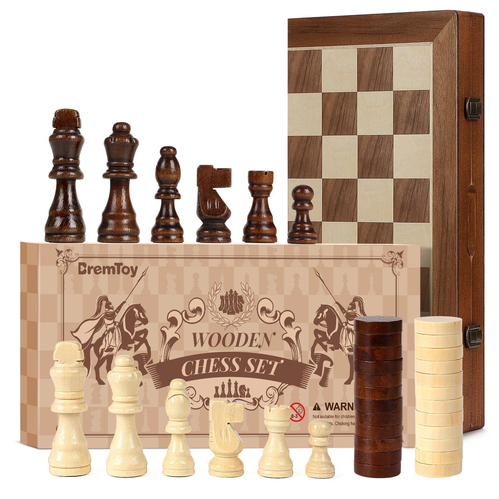 BremToy Spiel, Schachspiel und Dame Spiel Holzschachbrett Schachset Chess