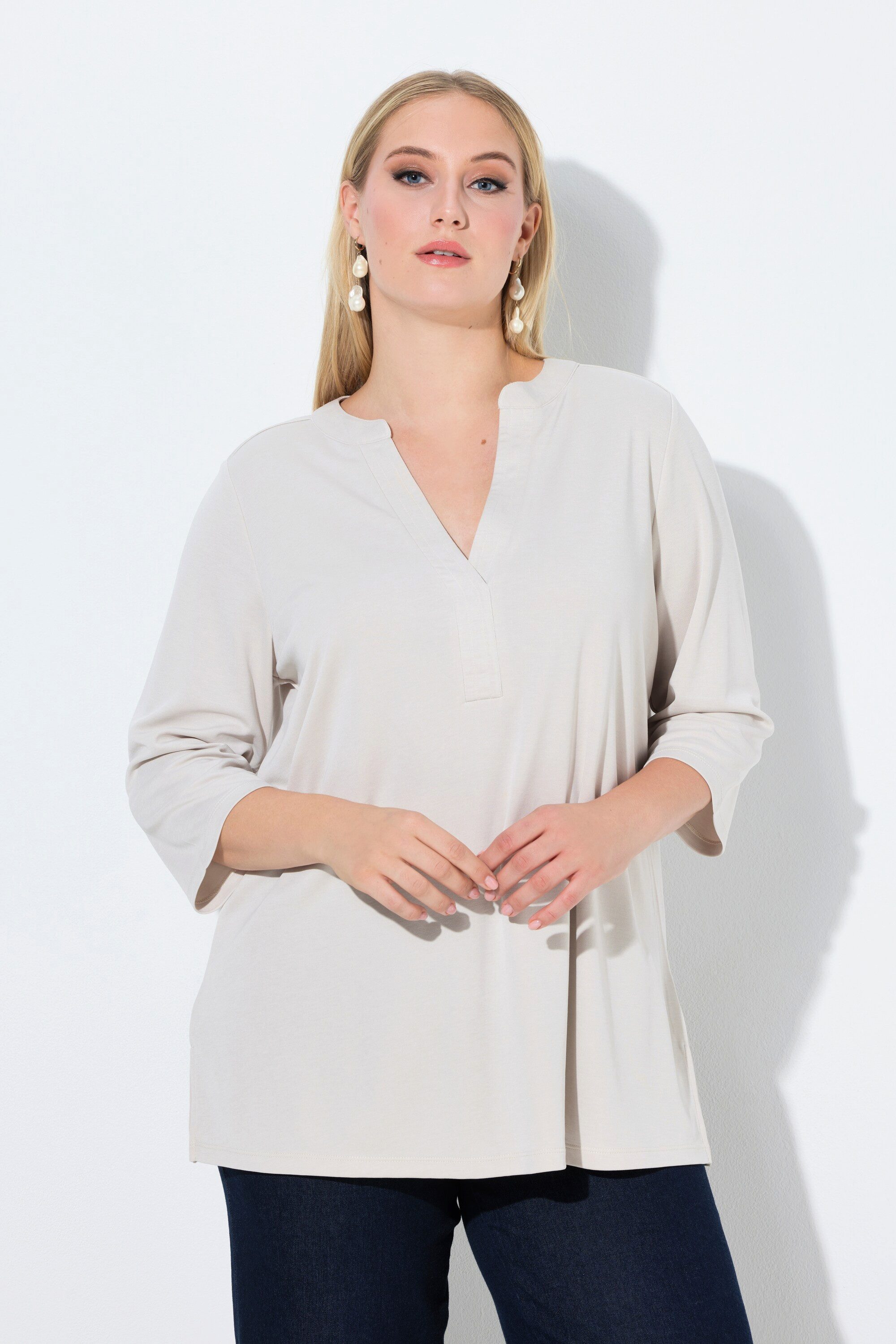 Ulla Popken Longshirt Tunika-Shirt A-Linie Tunika-Ausschnitt 3/4-Arm