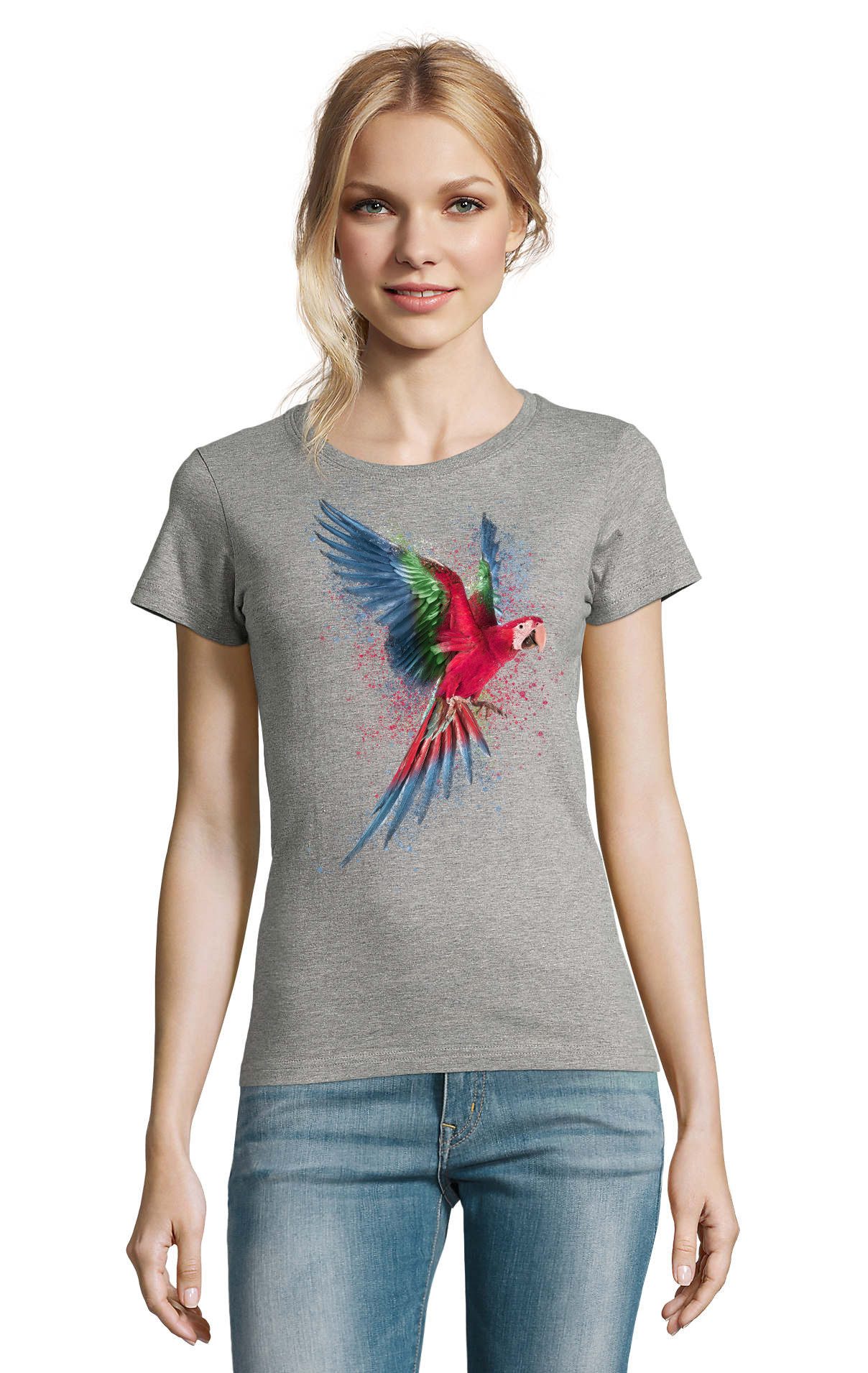 T-Shirt Papagei Paradiesvogel Vogel Tropen Logo Print Damen Shirt