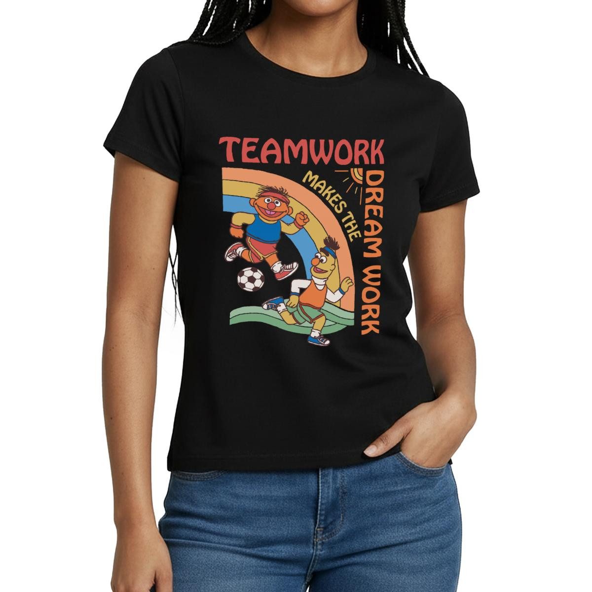 Spreadshirt T-Shirt Sesamstraße Teamwork Makes The Dream Work Mit Ernie Und Bert Frauen T- (1-tlg)