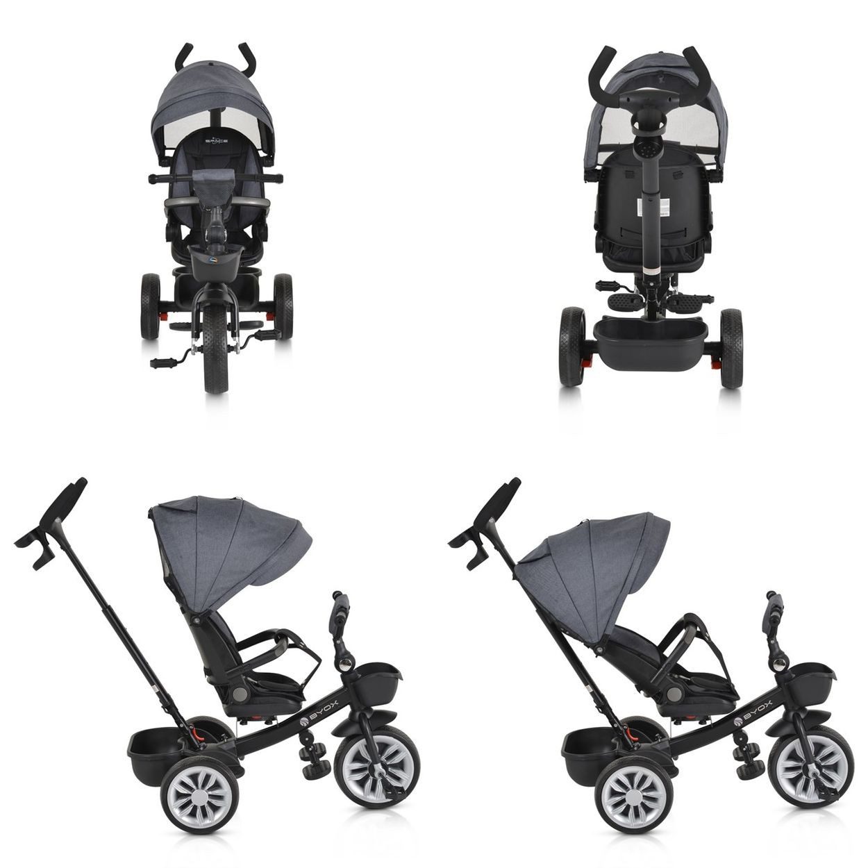 Byox Dreirad Tricycle Space 3 in 1 Dreirad, Getränkehalter, Korb, Schiebegriff, EVA-Räder