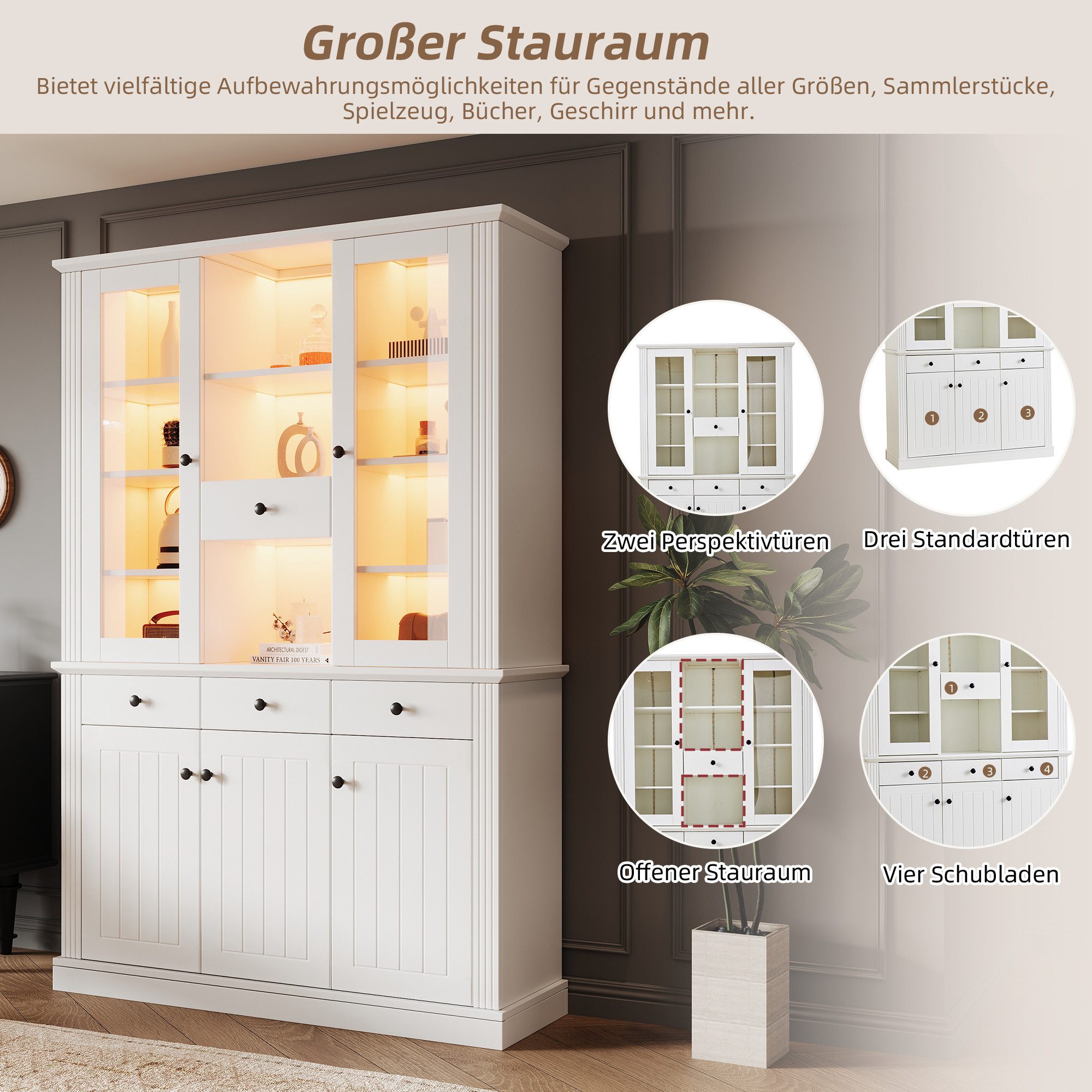 Merax Standvitrine mit LED- Beleuchtung (119,5×40×180 cm, 1-St., Hochschrank Standregal Schrank) Vitrine mit 21 Ablagefächern, 4 Schublade, 5 Türen & Glasfronten