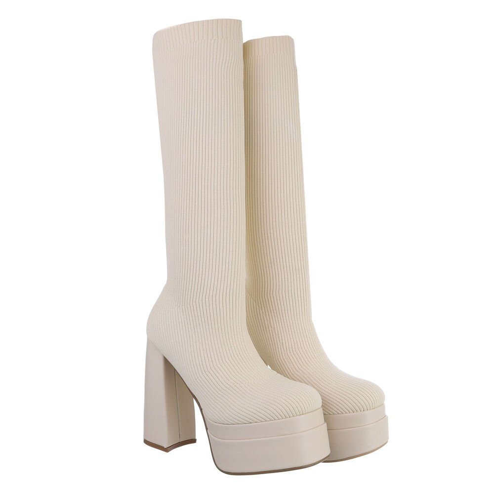 Ital-Design Damen Schlupfschuhe Party & Clubwear Plateaustiefel (81409608) Blockabsatz High-Heel Stiefel in Beige